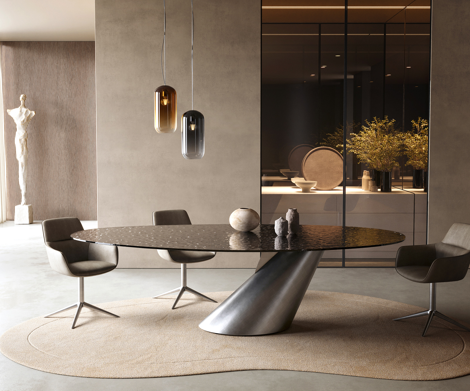 Jídelní stůl Edge oválný 280x130 sklo s reliéfem kouřově černé 3D design Cono kov stříbrná