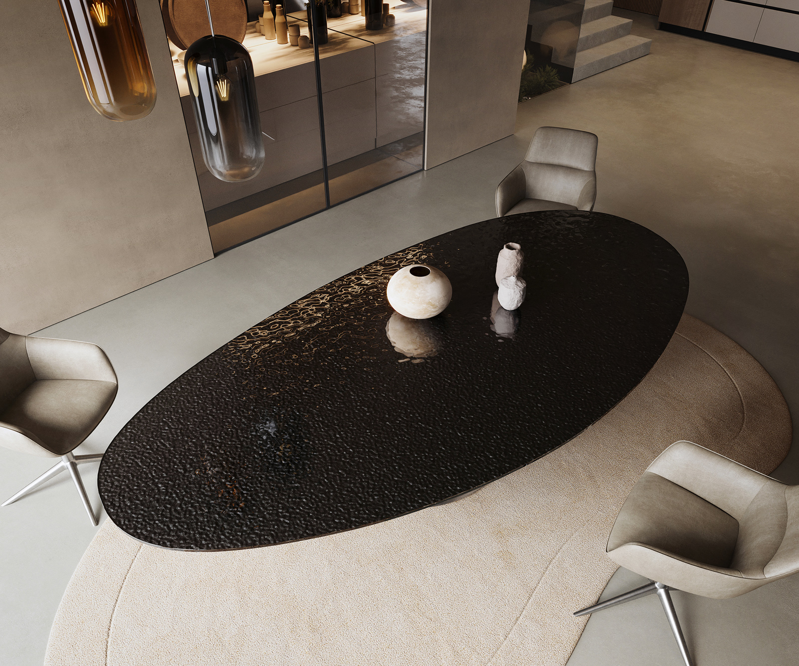 Jídelní stůl Edge oválný 280x130 sklo s reliéfem kouřově černé 3D design Cono kov stříbrná - Obrázek 4