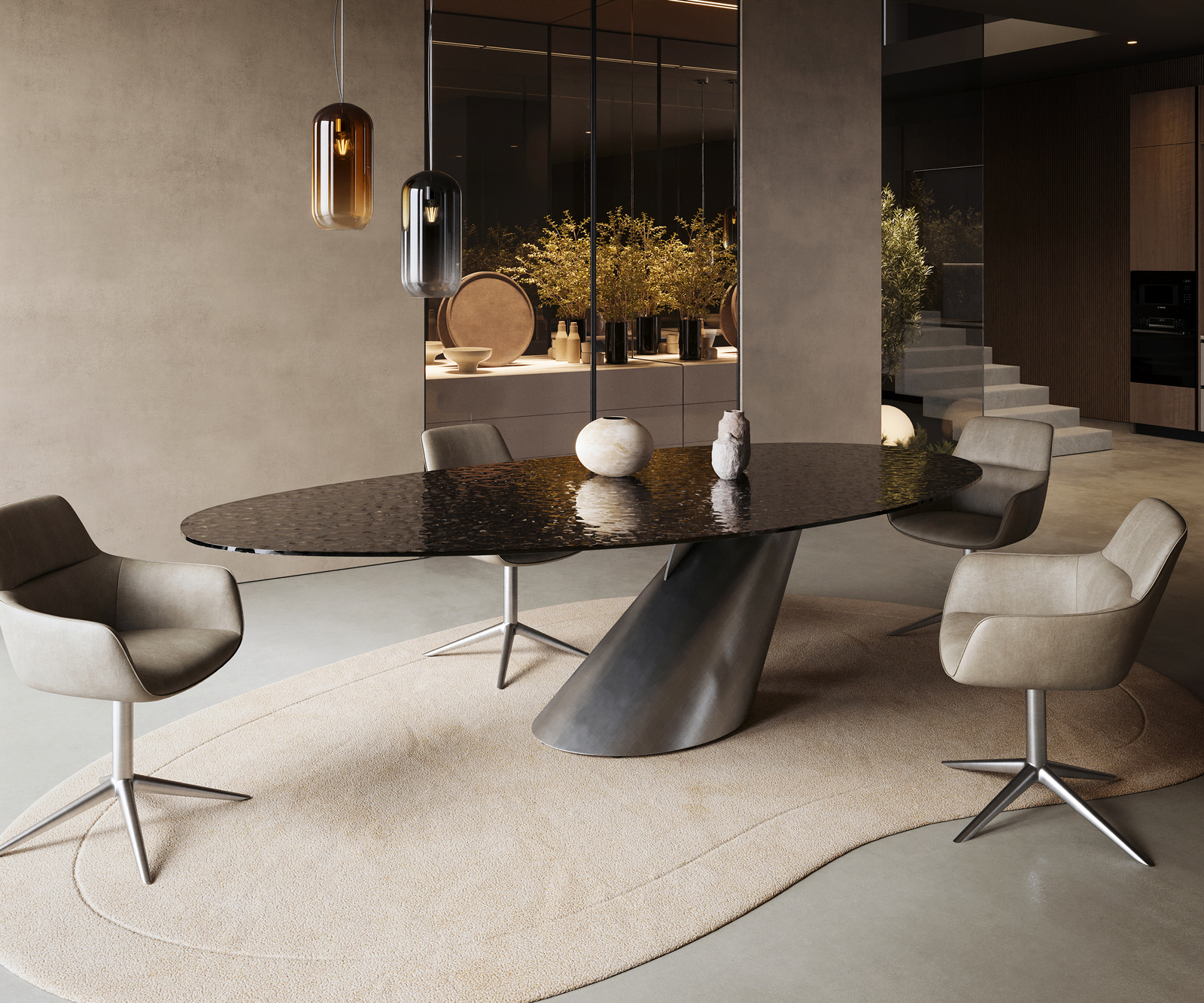 Jídelní stůl Edge oválný 280x130 sklo s reliéfem kouřově černé 3D design Cono kov stříbrná - Obrázek 5