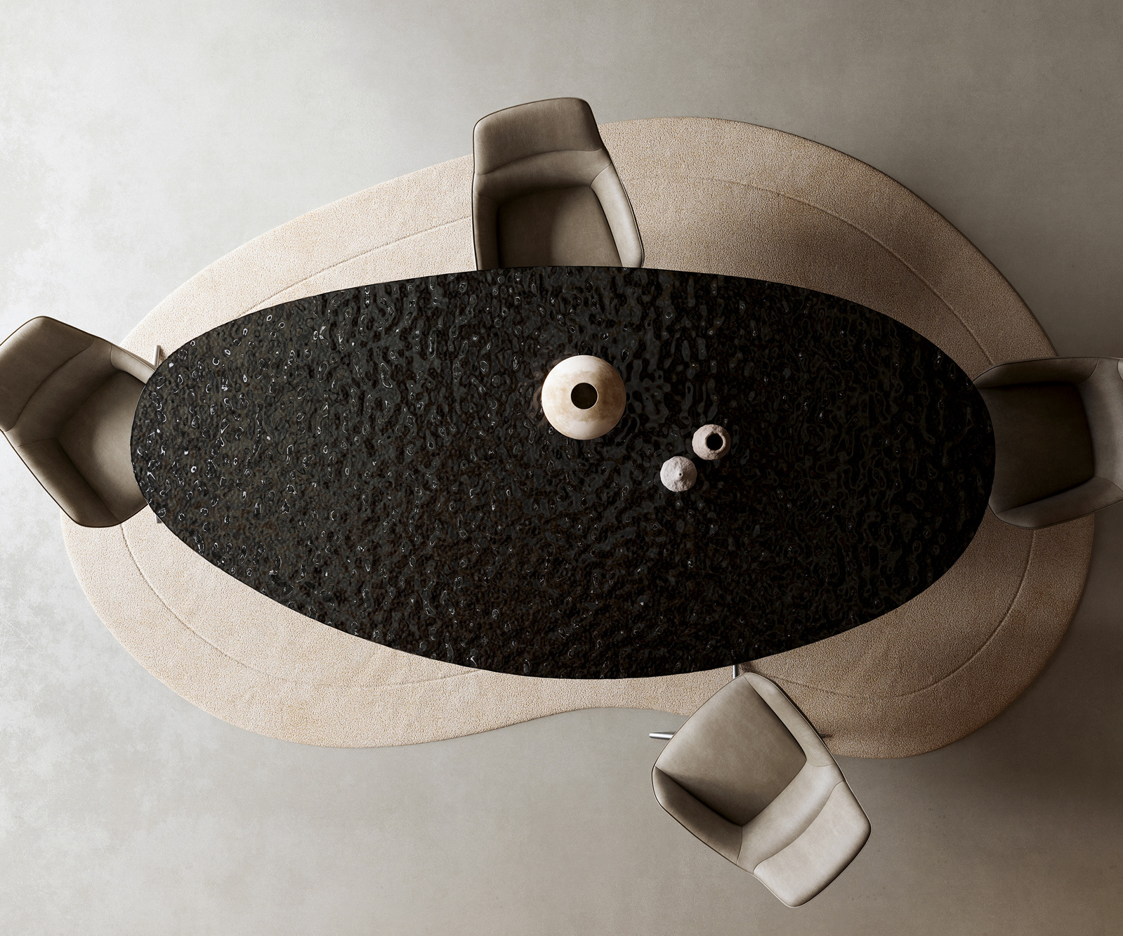 Jídelní stůl Edge oválný 280x130 sklo s reliéfem kouřově černé 3D design Cono kov stříbrná - Obrázek 6