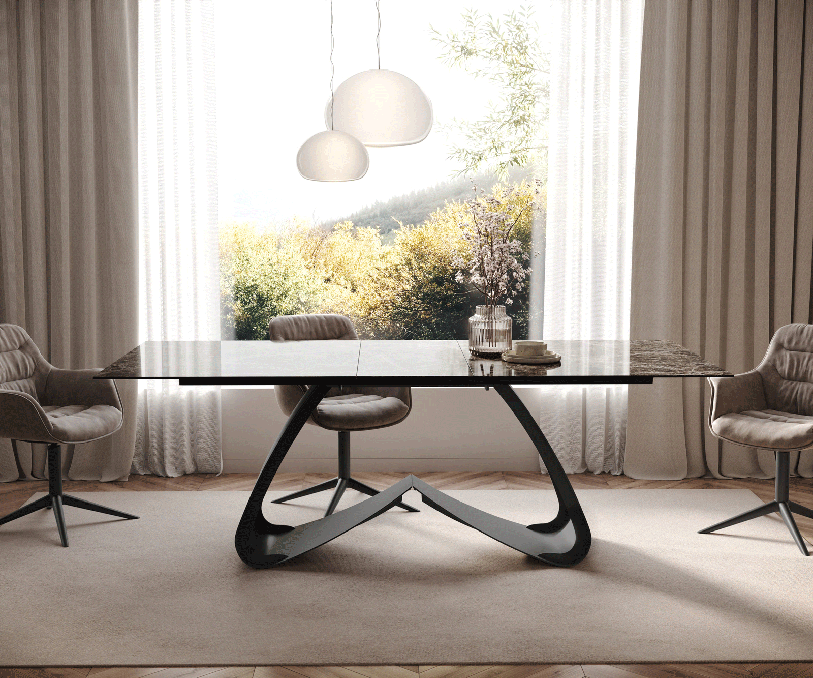 Jídelní stůl Edge 180-220x100 keramika Laminam® Emperador Extra Lucidato tmavě hnědá podnož ve tvaru W černá rozkládací - Obrázek 2