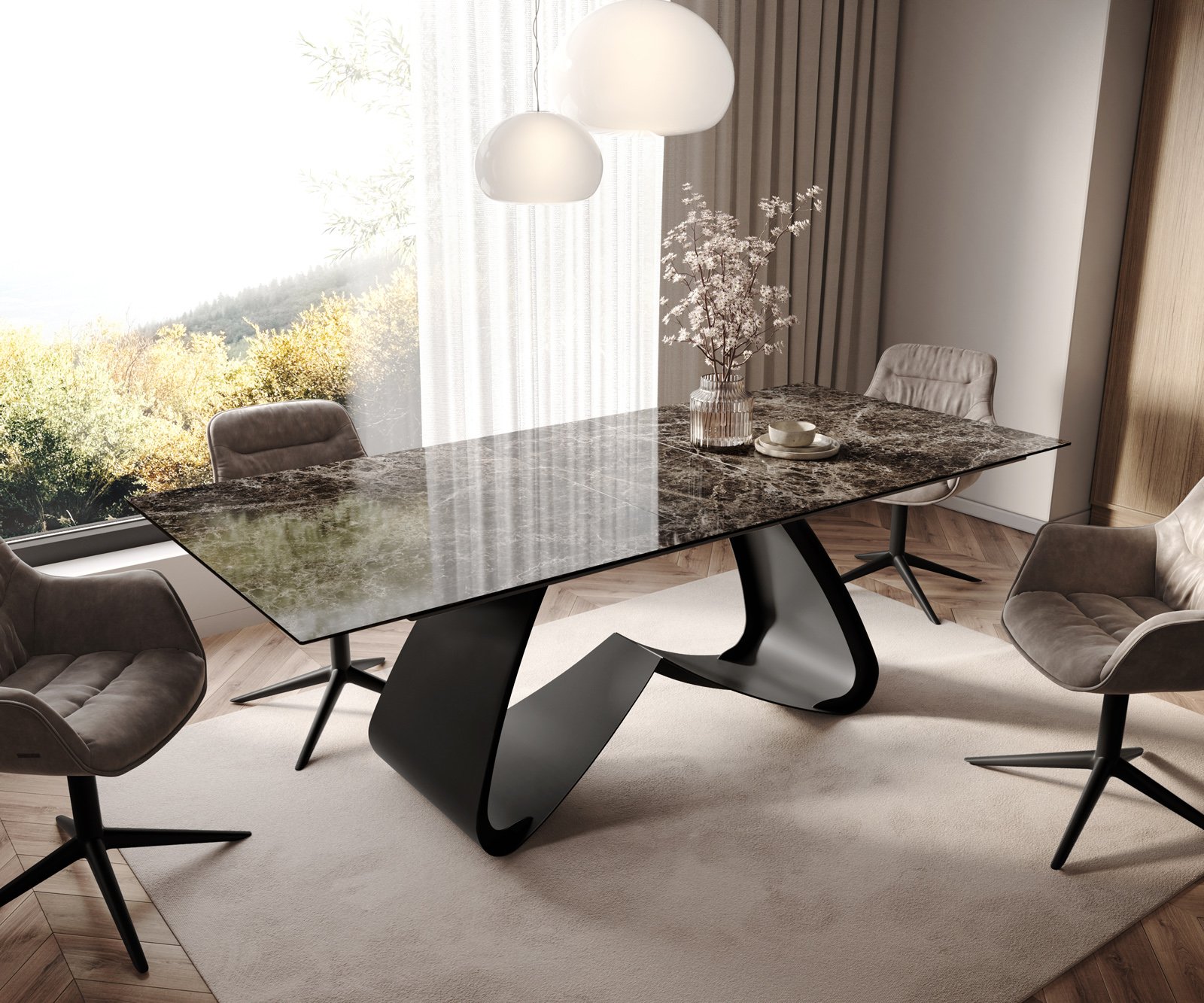 Jídelní stůl Edge 180-220x100 keramika Laminam® Emperador Extra Lucidato tmavě hnědá podnož ve tvaru W černá rozkládací