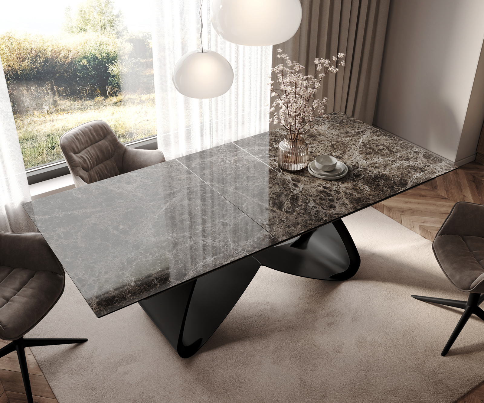 Jídelní stůl Edge 180-220x100 keramika Laminam® Emperador Extra Lucidato tmavě hnědá podnož ve tvaru W černá rozkládací - Obrázek 4