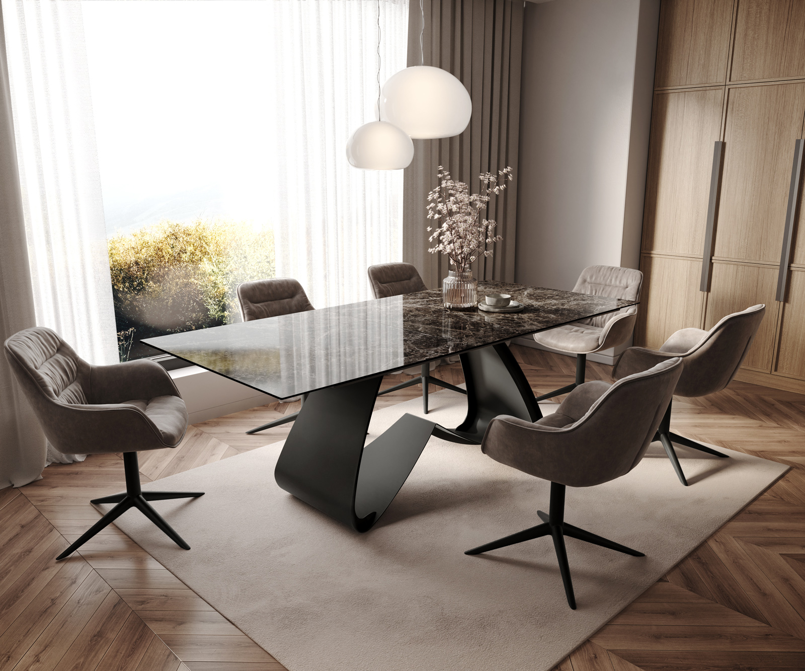 Jídelní stůl Edge 180-220x100 keramika Laminam® Emperador Extra Lucidato tmavě hnědá podnož ve tvaru W černá rozkládací - Obrázek 7