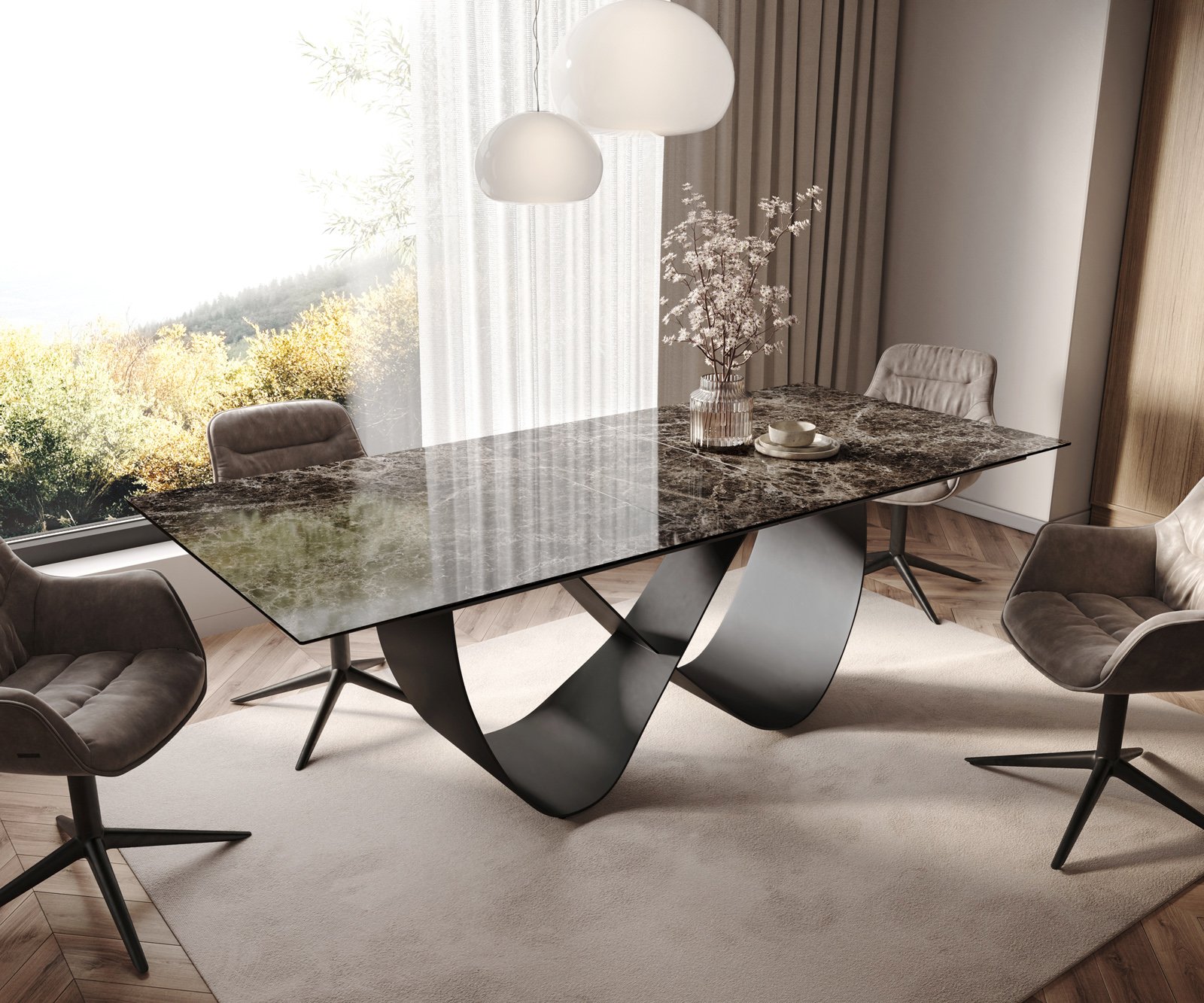 Jídelní stůl Edge 180-220x100 keramika Laminam® Emperador Extra Lucidato tmavě hnědá Infinity kov černý rozkládací