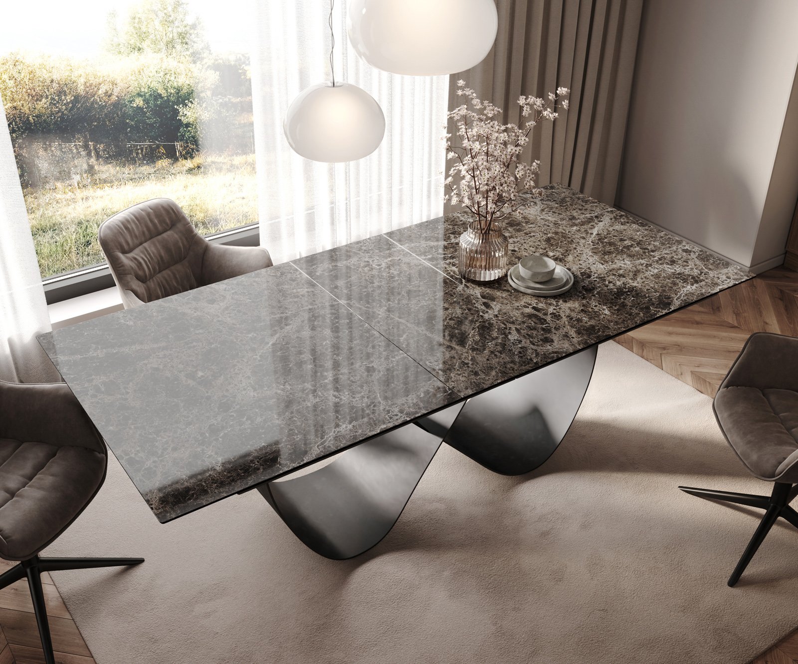 Jídelní stůl Edge 180-220x100 keramika Laminam® Emperador Extra Lucidato tmavě hnědá Infinity kov černý rozkládací - Obrázek 4