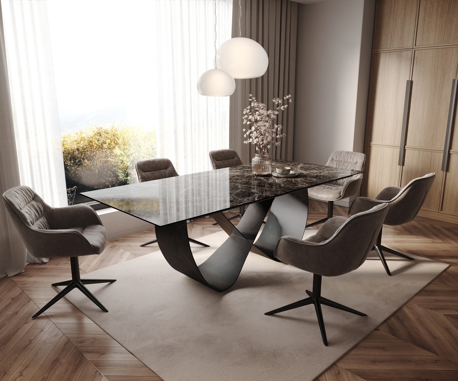 Jídelní stůl Edge 180-220x100 keramika Laminam® Emperador Extra Lucidato tmavě hnědá Infinity kov černý rozkládací - Obrázek 7