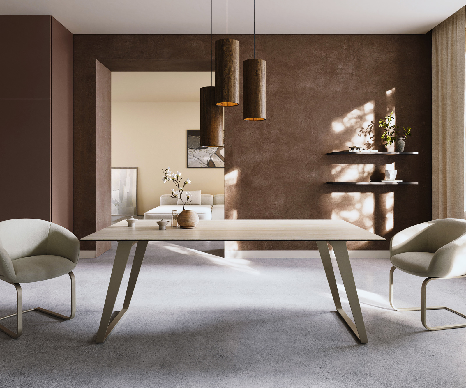 Jídelní stůl Edge 200x100 keramika Laminam® Travertino Bianco krémově bílá kov šikmý titanová barva