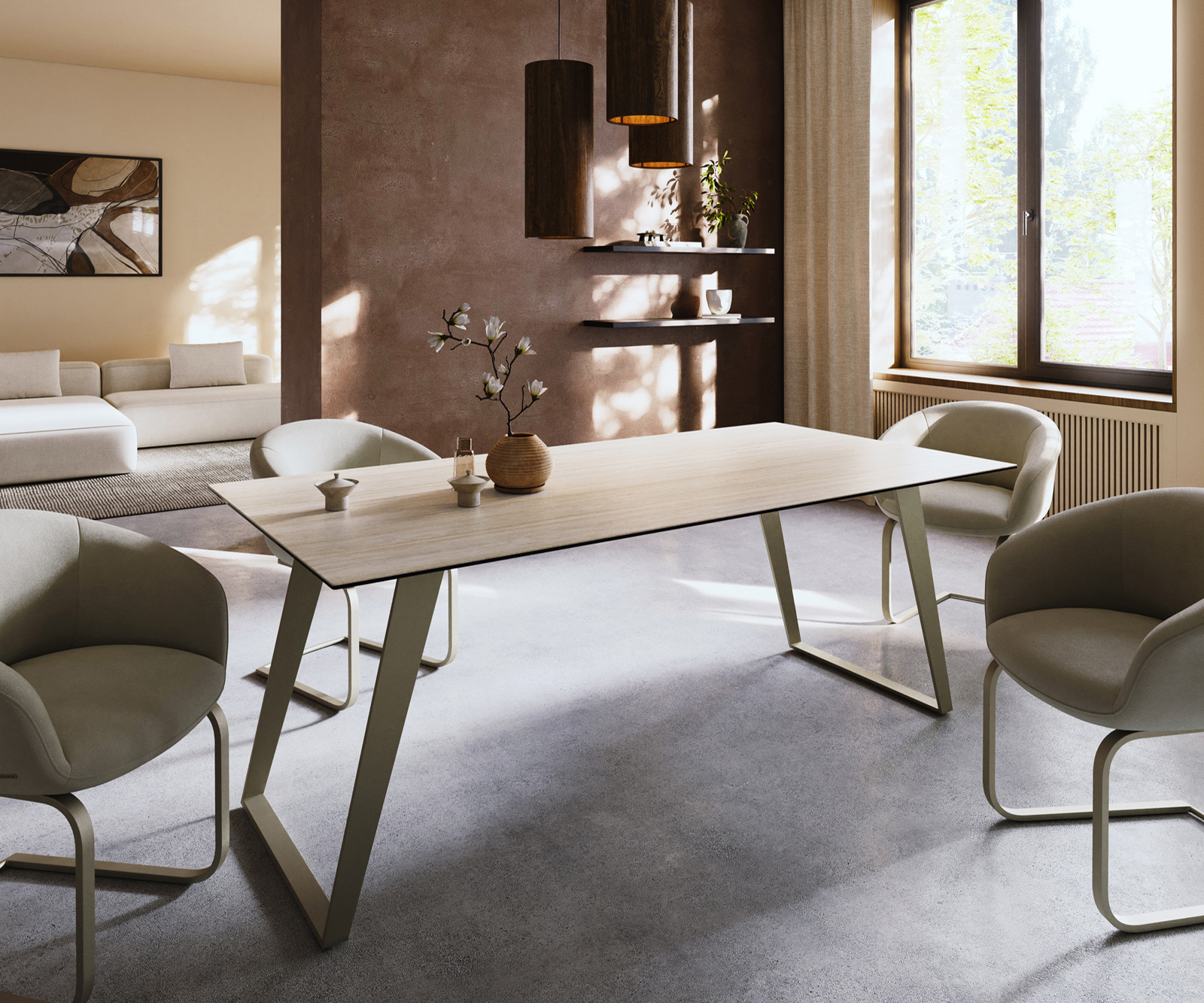 Jídelní stůl Edge 200x100 keramika Laminam® Travertino Bianco krémově bílá kov šikmý titanová barva - Obrázek 2