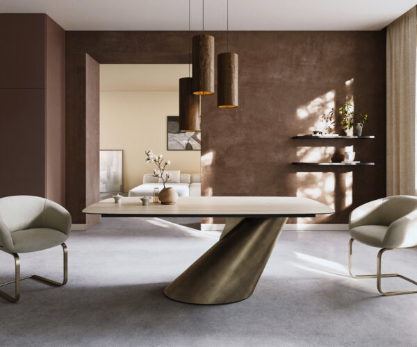 Jídelní stůl Edge Boot 200x100 keramika Laminam® Travertino Bianco krémově bílá podnož kovová zlatá