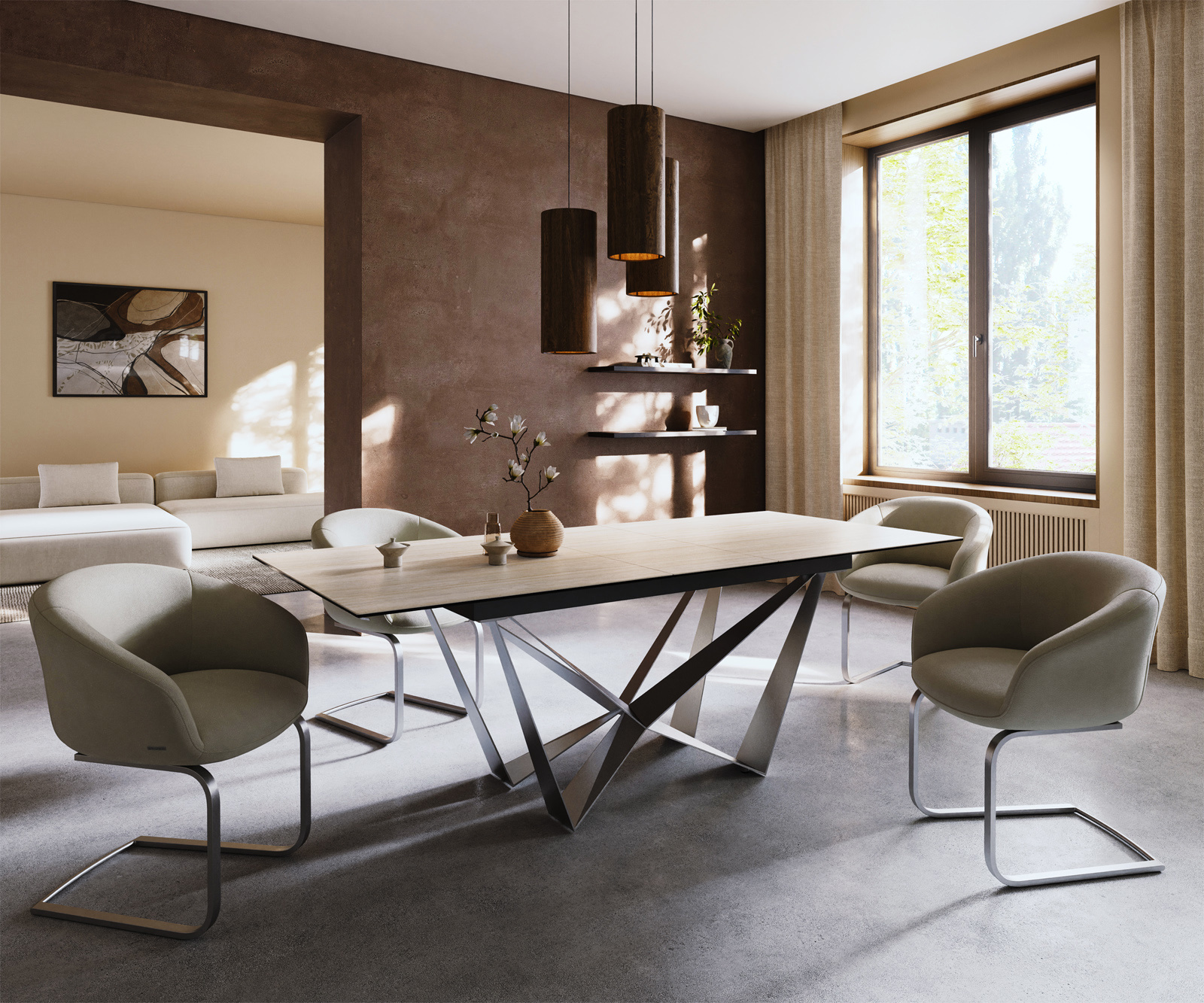 Jídelní stůl Edge 180-220x100 keramika Laminam® Travertino Bianco krémově bílá Spider plochá ocel nerezová ocel rozkládací - Obrázek 7