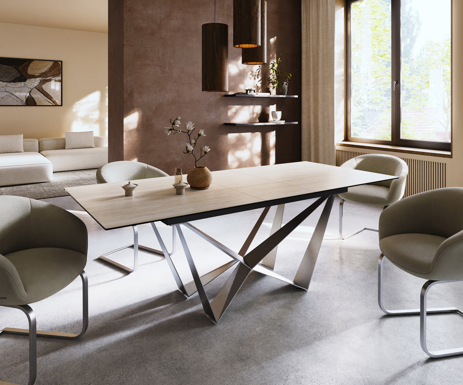 Jídelní stůl Edge 180-220x100 keramika Laminam® Travertino Bianco krémově bílá Spider plochá ocel nerezová ocel rozkládací