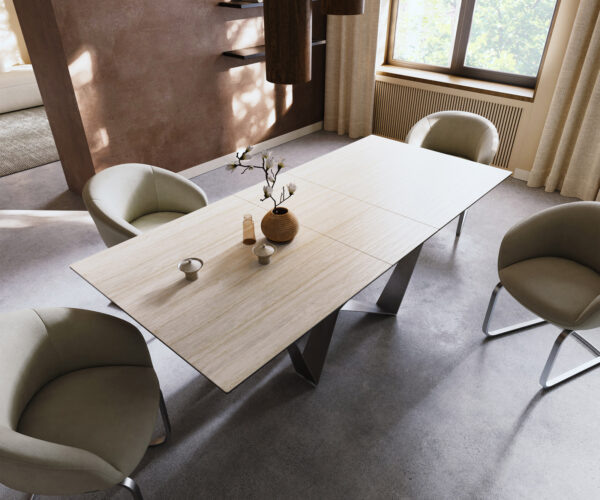 Jídelní stůl Edge 180-220x100 keramika Laminam® Travertino Bianco krémově bílá Spider plochá ocel nerezová ocel rozkládací - Obrázek 4