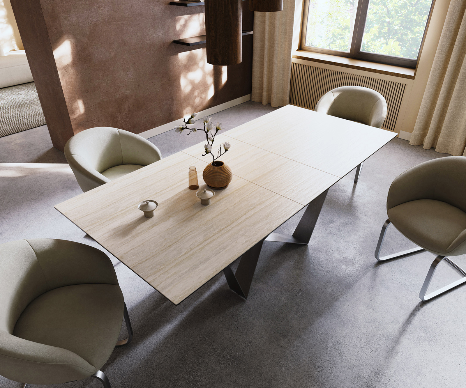 Jídelní stůl Edge 180-220x100 keramika Laminam® Travertino Bianco krémově bílá Spider plochá ocel nerezová ocel rozkládací - Obrázek 4