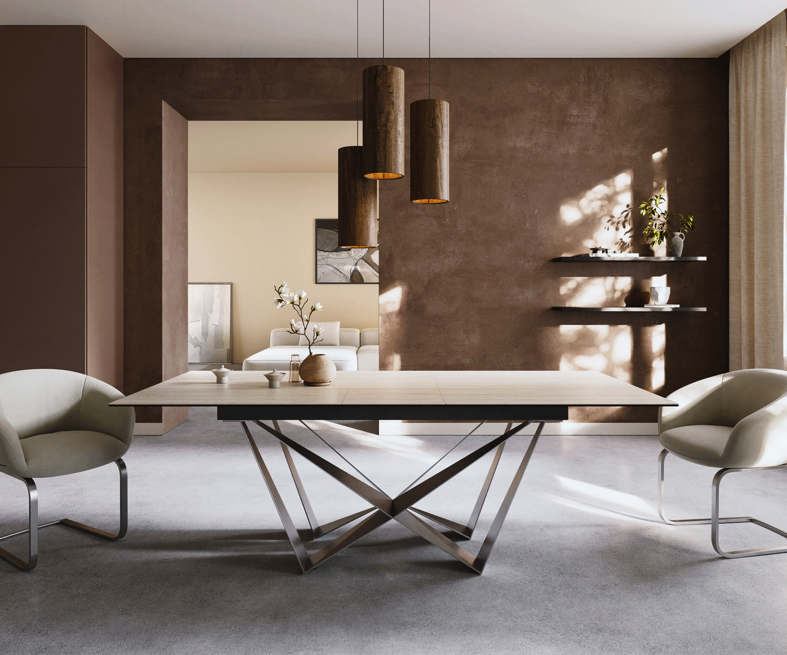 Jídelní stůl Edge 180-220x100 keramika Laminam® Travertino Bianco krémově bílá Spider plochá ocel nerezová ocel rozkládací - Obrázek 2