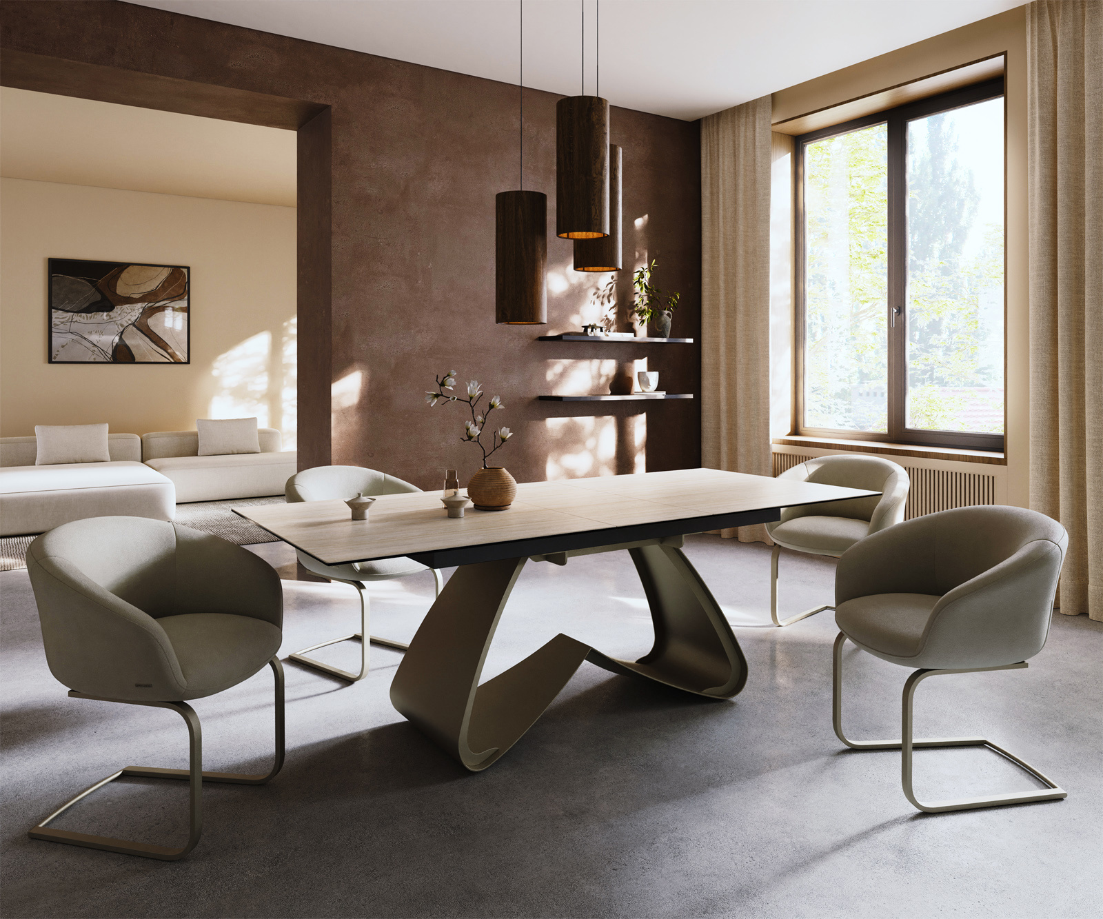 Jídelní stůl Edge 180-220x100 keramika Laminam® Travertino Bianco krémová bílá W-podnož titanová barva rozkládací - Obrázek 7