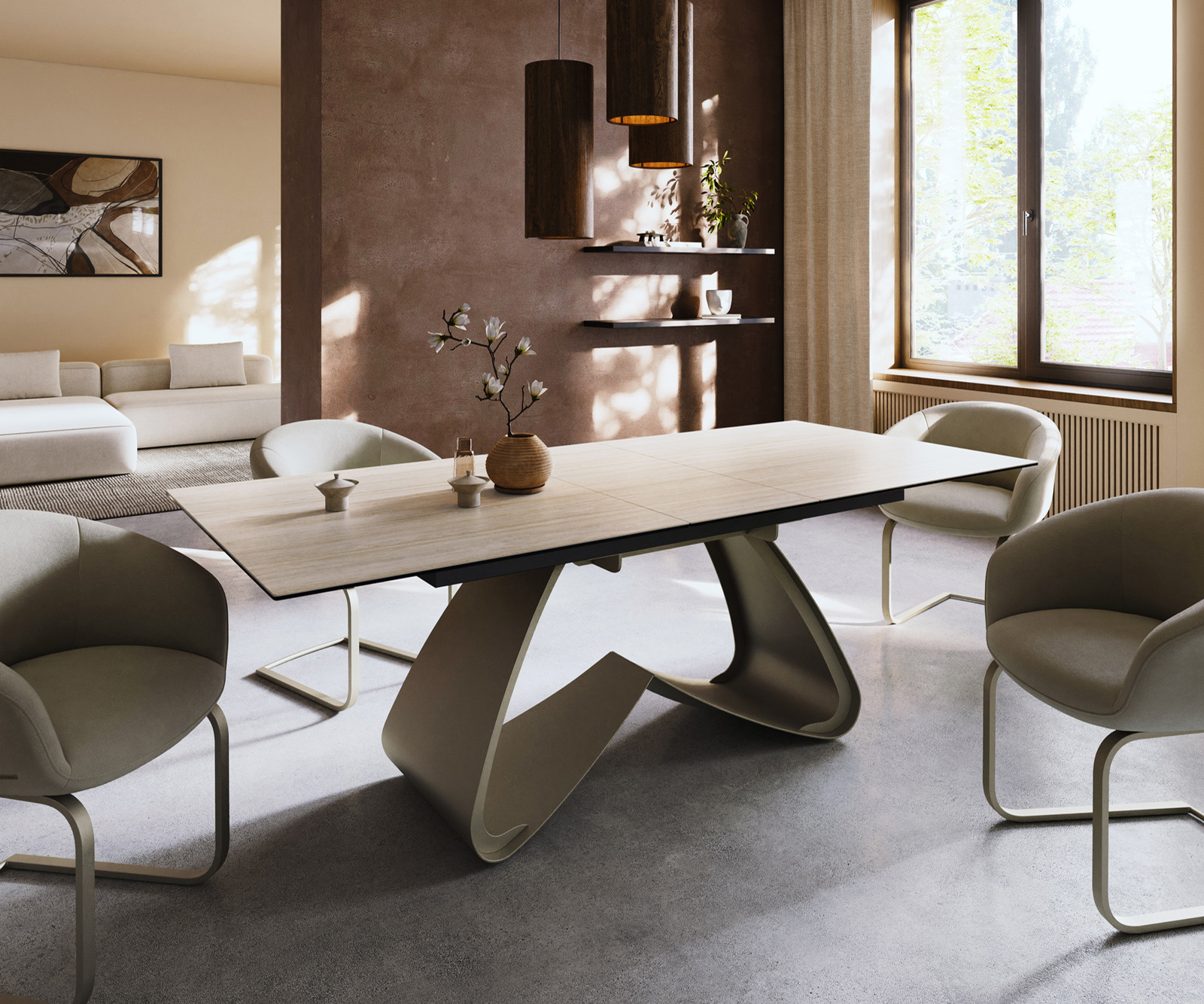 Jídelní stůl Edge 180-220x100 keramika Laminam® Travertino Bianco krémová bílá W-podnož titanová barva rozkládací