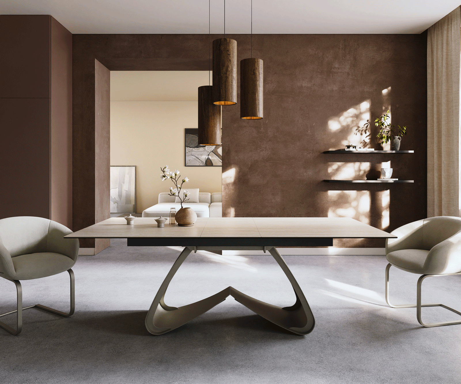 Jídelní stůl Edge 180-220x100 keramika Laminam® Travertino Bianco krémová bílá W-podnož titanová barva rozkládací - Obrázek 2