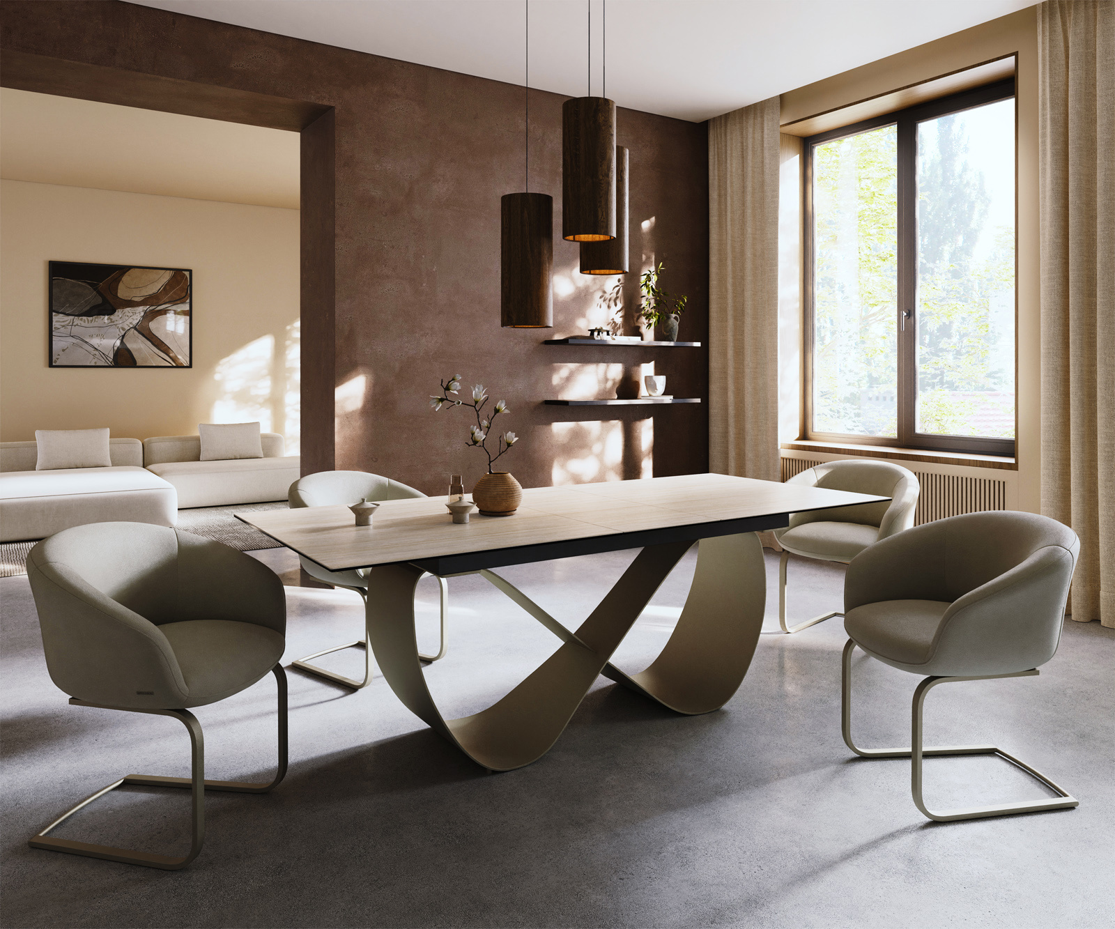 Jídelní stůl Edge 180-220x100 keramika Laminam® Travertino Bianco krémově bílá Infinity kov titanová barva rozkládací - Obrázek 7