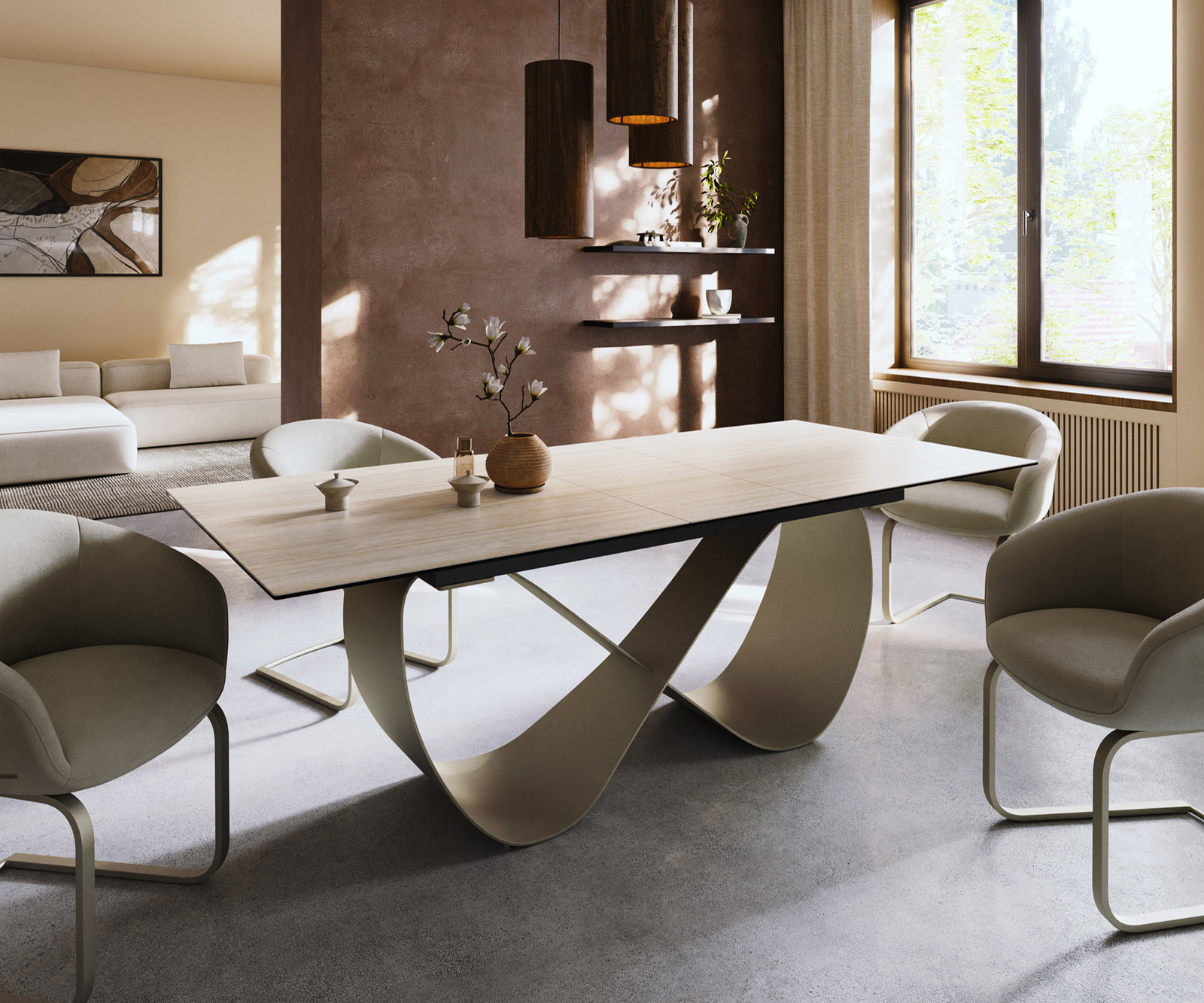 Jídelní stůl Edge 180-220x100 keramika Laminam® Travertino Bianco krémově bílá Infinity kov titanová barva rozkládací