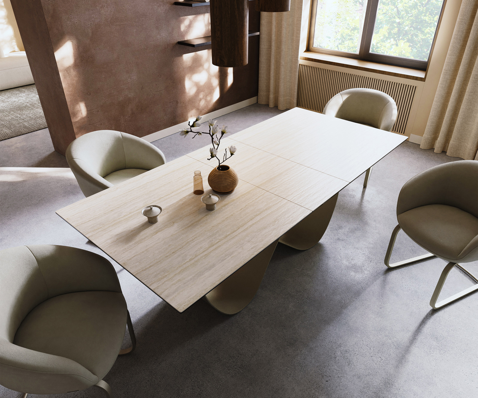 Jídelní stůl Edge 180-220x100 keramika Laminam® Travertino Bianco krémově bílá Infinity kov titanová barva rozkládací - Obrázek 4