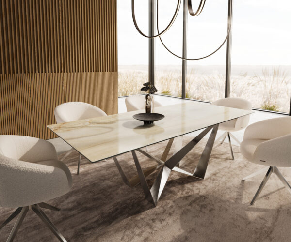 Jídelní stůl Edge 180-220x100 keramika Laminam® Onice Oro Spider plochá ocel nerezová ocel rozkládací