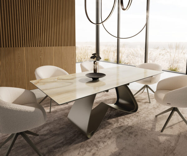 Jídelní stůl Edge 180-220x100 keramika Laminam® Onice Oro podnož ve tvaru W titanová efektová úprava rozkládací