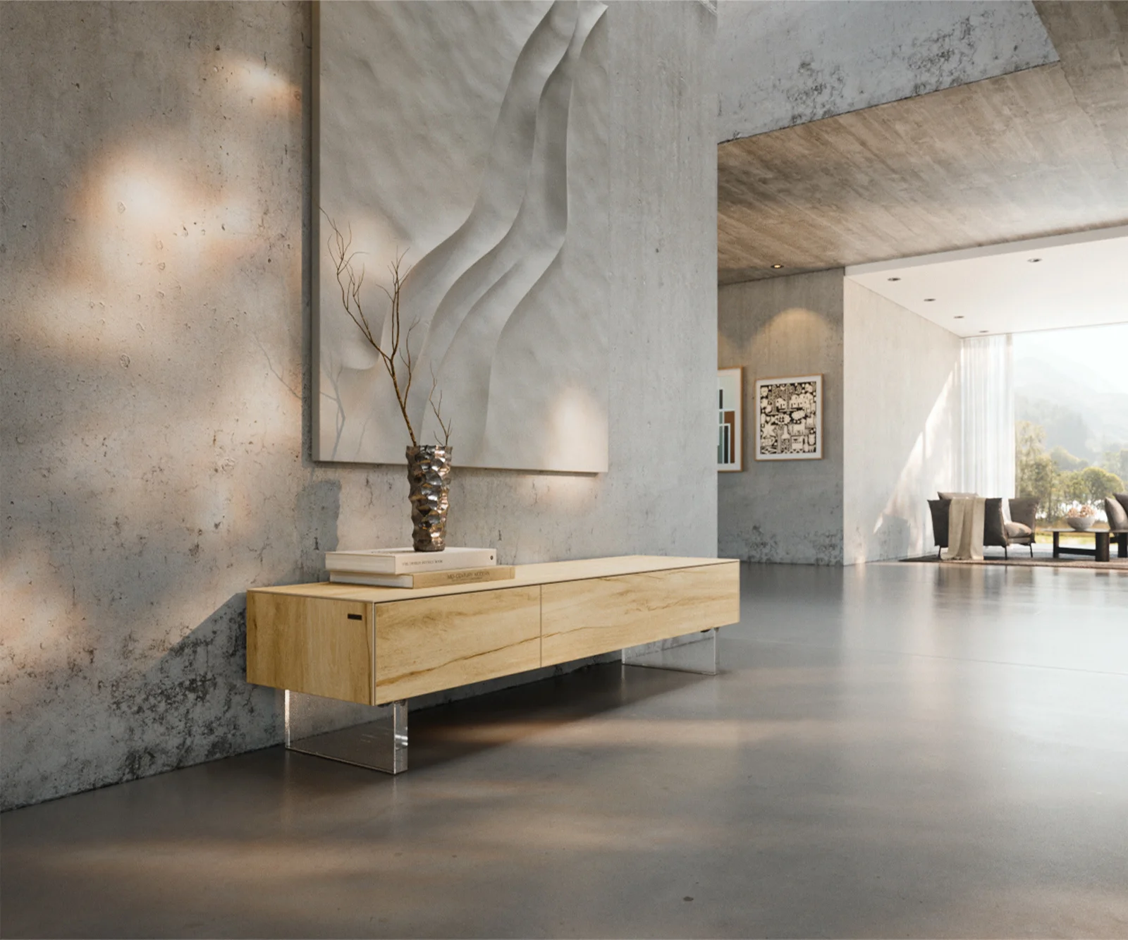 TV stolek Cuor 150 cm keramika Laminam® Sabbia dubová barva 1 výklopná dvířka 1 zásuvka podnož závěsná akrylglas