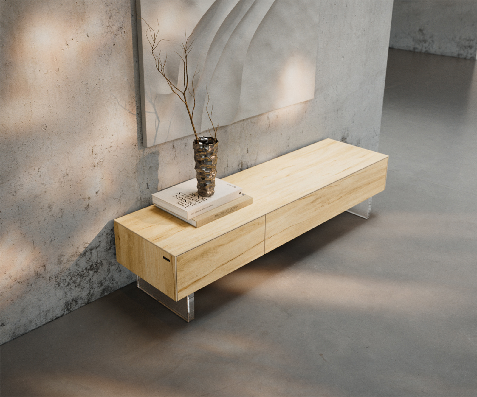 TV stolek Cuor 150 cm keramika Laminam® Sabbia dubová barva 1 výklopná dvířka 1 zásuvka podnož závěsná akrylglas - Obrázek 4