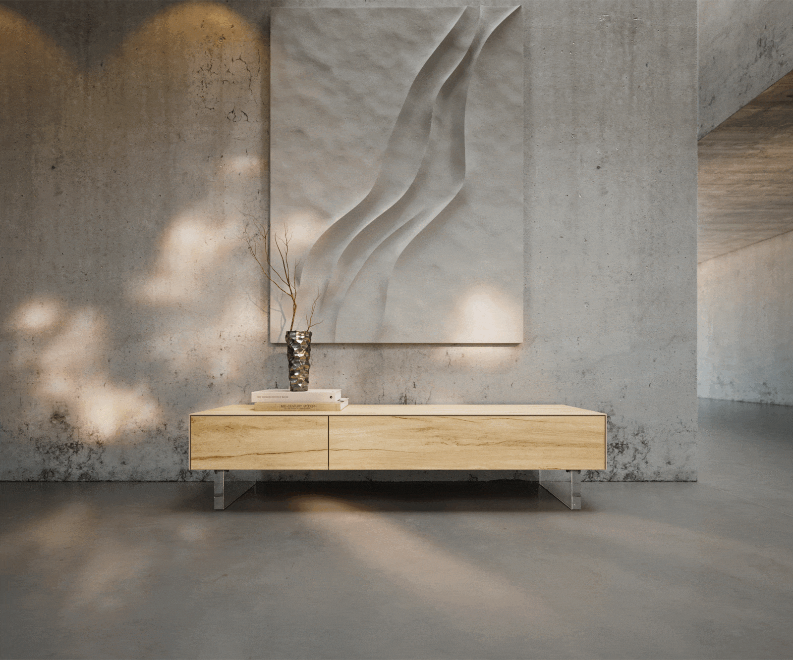 TV stolek Cuor 150 cm keramika Laminam® Sabbia dubová barva 1 výklopná dvířka 1 zásuvka podnož závěsná akrylglas - Obrázek 2