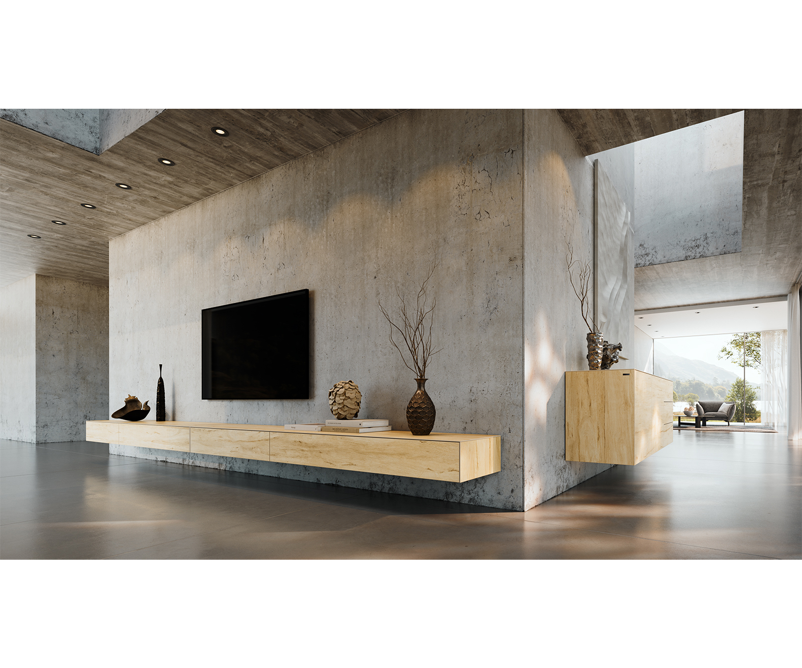 TV stolek Cuor 150 cm keramika Laminam® Sabbia dubová barva 1 výklopná dvířka 1 zásuvka podnož závěsná akrylglas - Obrázek 7