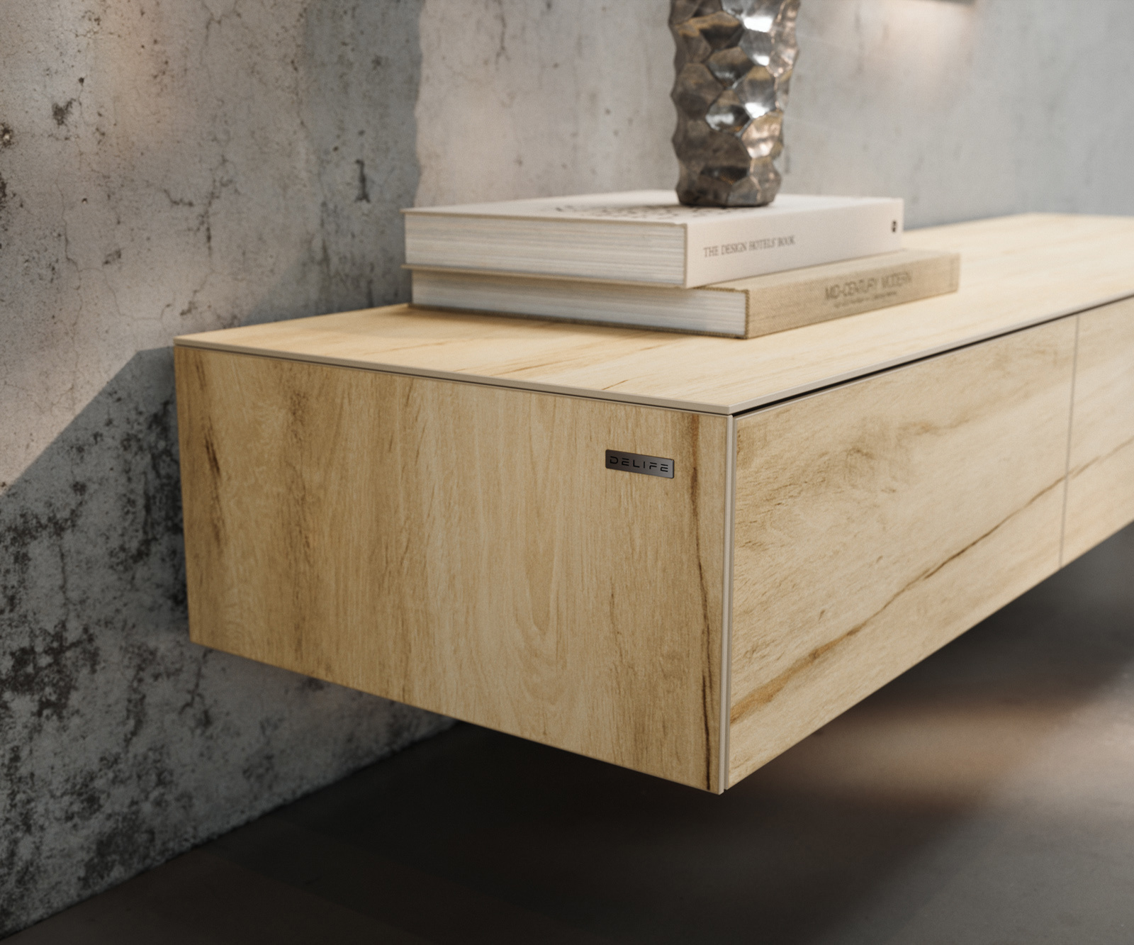 TV stolek Cuor 150 cm keramika Laminam® Sabbia dubová barva 1 výklopná dvířka 1 zásuvka podnož závěsná akrylglas - Obrázek 6