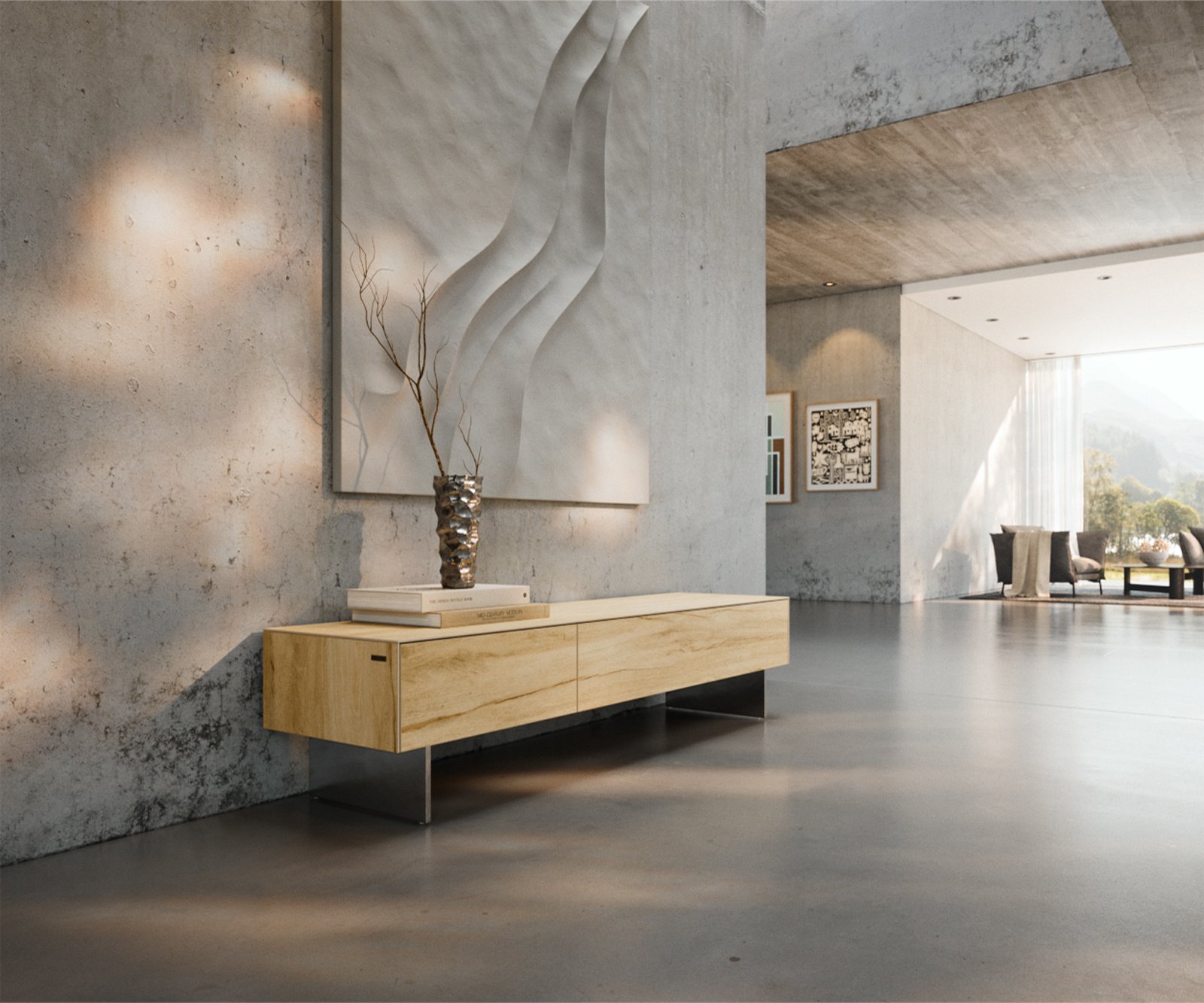 TV stolek Cuor 150 cm keramika Laminam® Sabbia dubová 1 výklopná dvířka 1 zásuvka podnož závěsná nerezová ocel