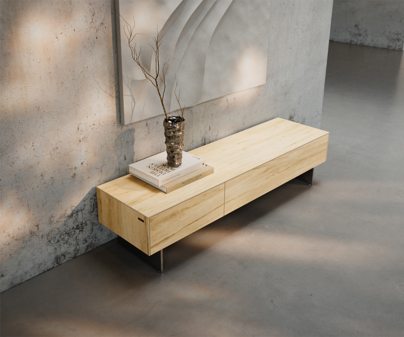 TV stolek Cuor 150 cm keramika Laminam® Sabbia dubová 1 výklopná dvířka 1 zásuvka podnož závěsná nerezová ocel - Obrázek 4