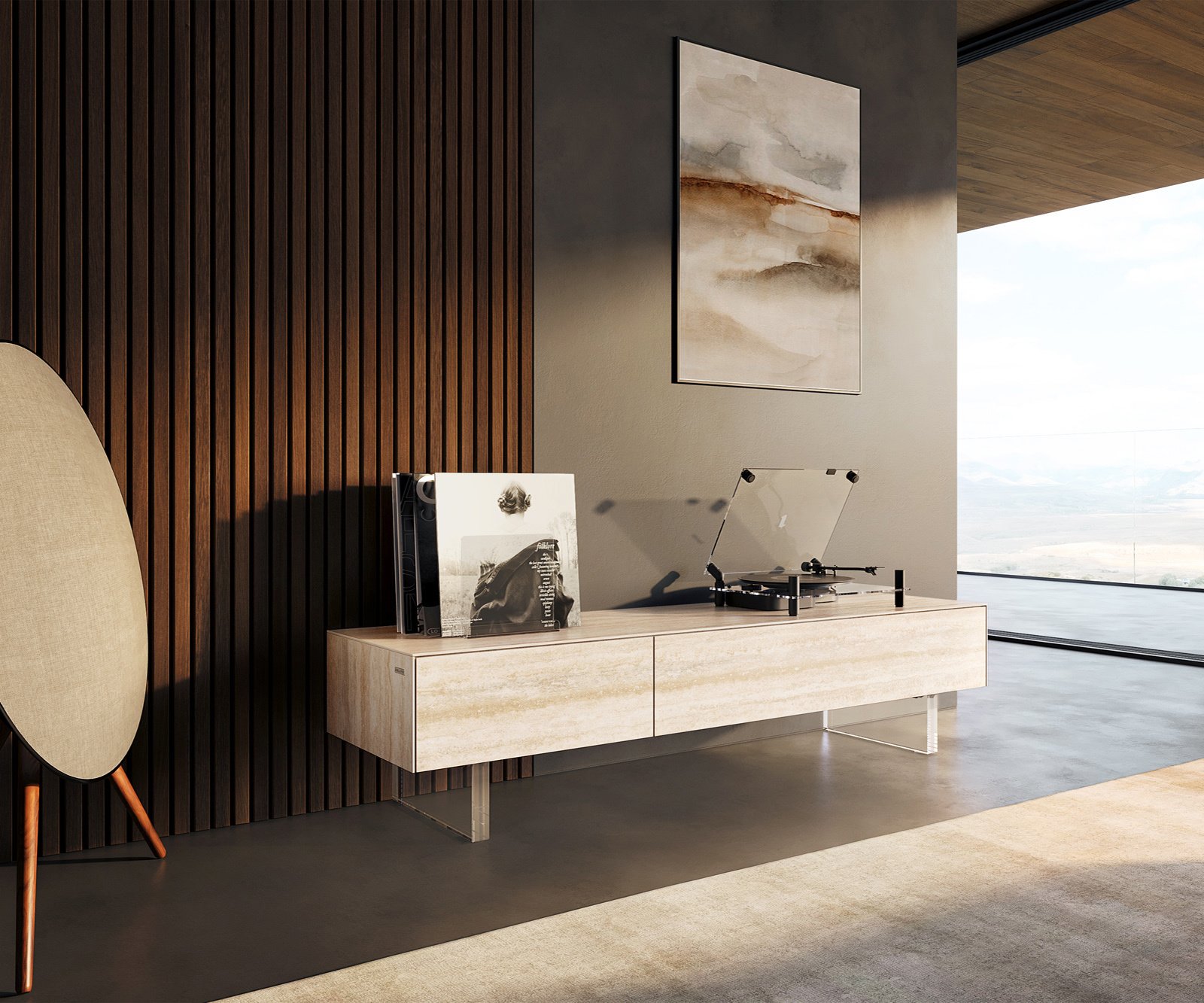 TV stolek Cuor 150 cm keramika Laminam® Travertino Bianco krémově bílá 1 výklopná dvířka 1 zásuvka podnož závěsná akrylglas