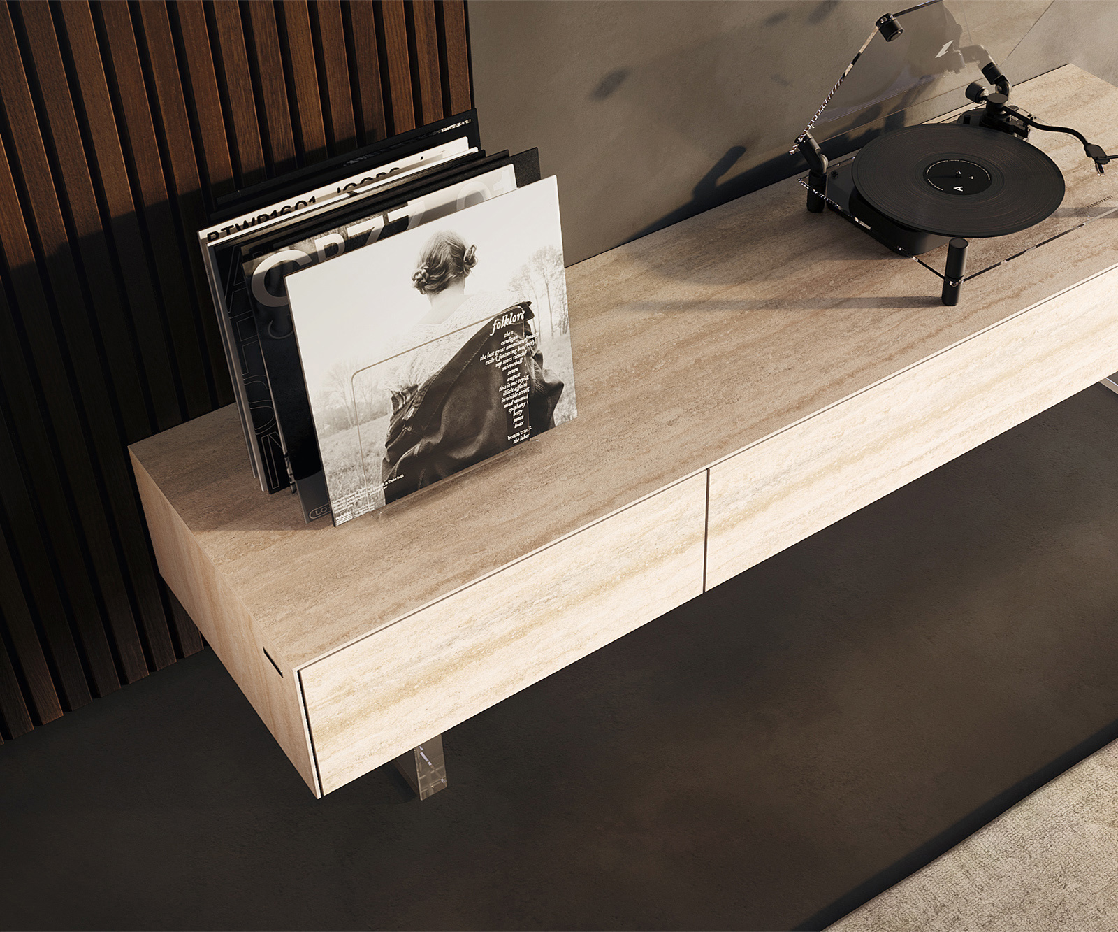 TV stolek Cuor 150 cm keramika Laminam® Travertino Bianco krémově bílá 1 výklopná dvířka 1 zásuvka podnož závěsná akrylglas - Obrázek 4