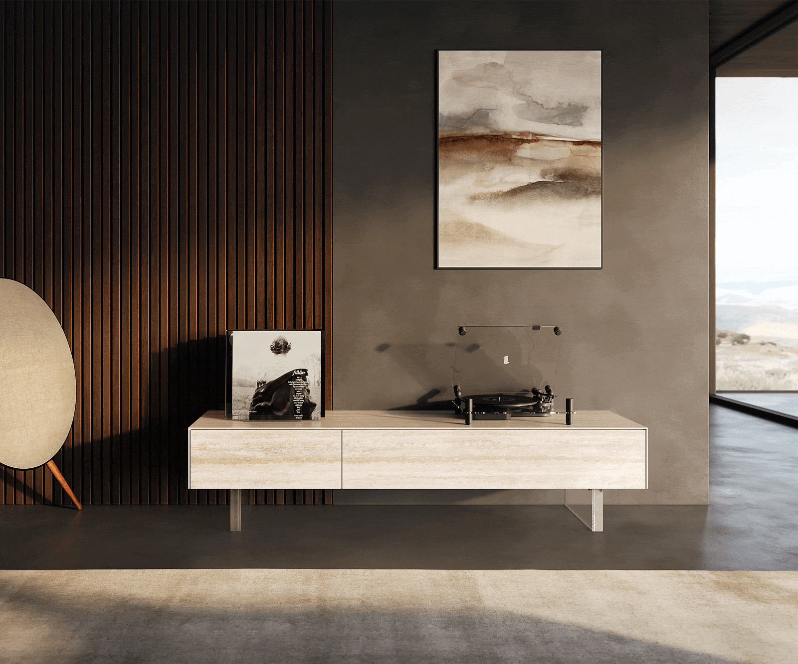 TV stolek Cuor 150 cm keramika Laminam® Travertino Bianco krémově bílá 1 výklopná dvířka 1 zásuvka podnož závěsná akrylglas - Obrázek 2