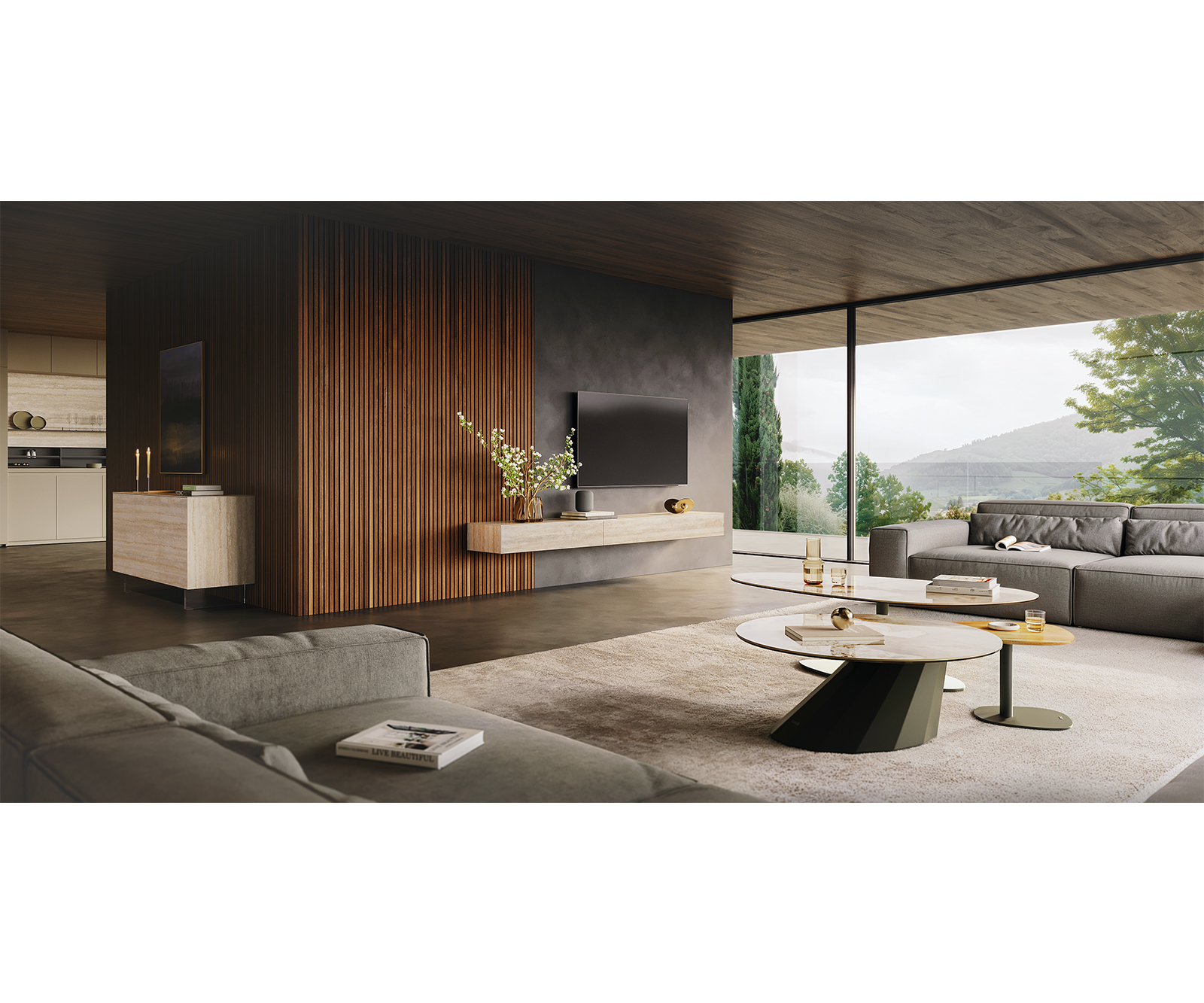 TV stolek Cuor 150 cm keramika Laminam® Travertino Bianco krémově bílá 1 výklopná dvířka 1 zásuvka podnož závěsná akrylglas - Obrázek 7