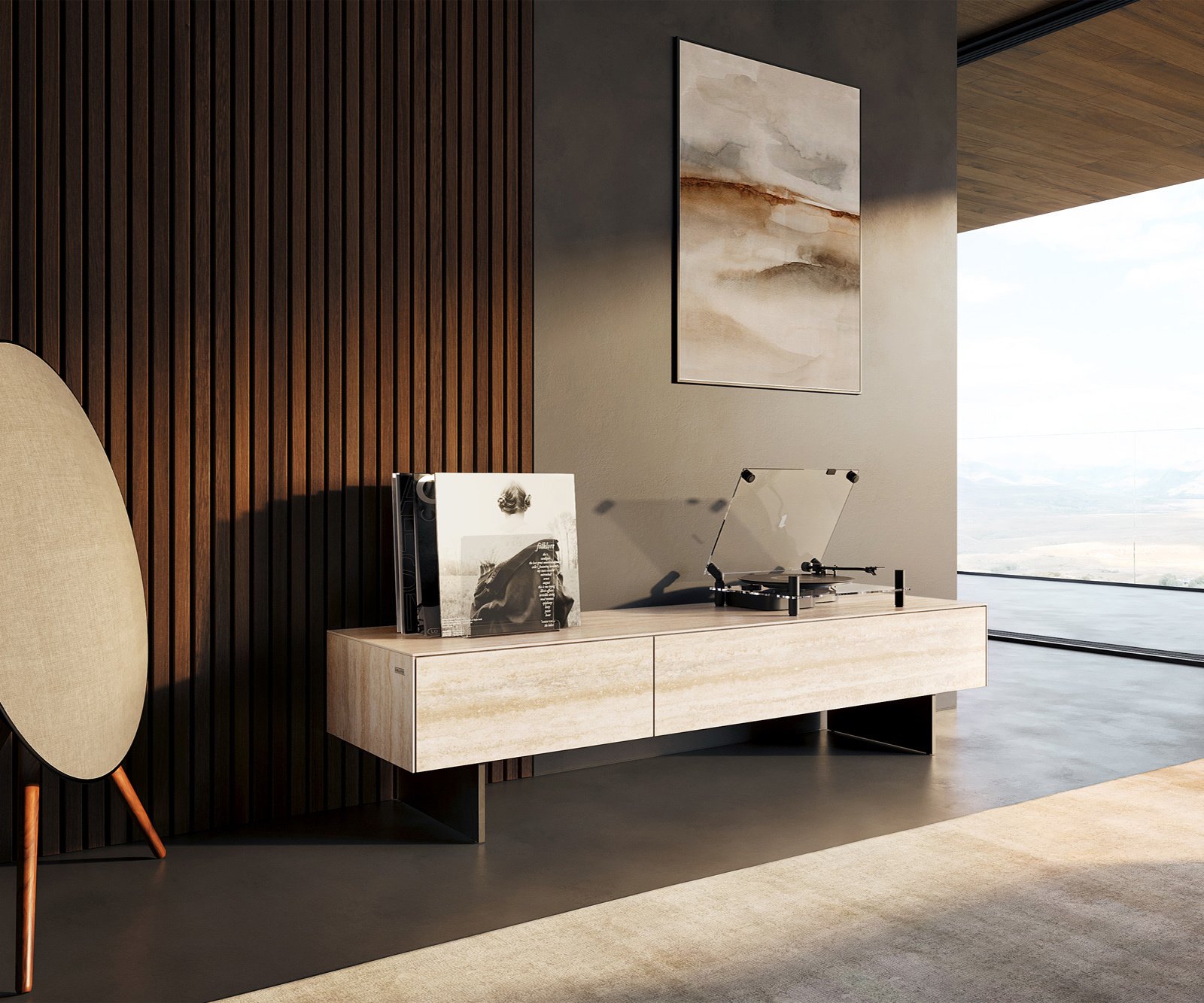 TV stolek Cuor 150 cm keramika Laminam® Travertino Bianco krémově bílá 1 výklopná dvířka 1 zásuvka podnož závěsná kov černá