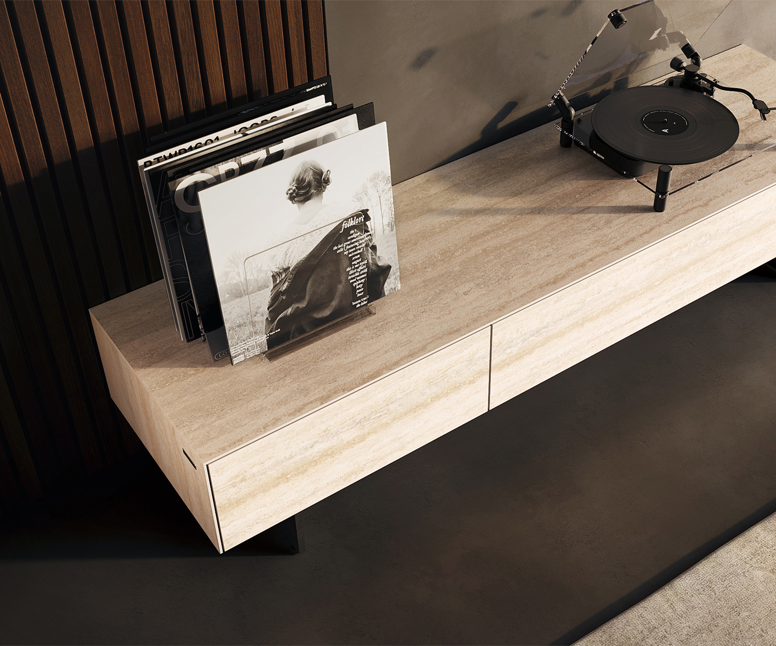 TV stolek Cuor 150 cm keramika Laminam® Travertino Bianco krémově bílá 1 výklopná dvířka 1 zásuvka podnož závěsná kov černá - Obrázek 4