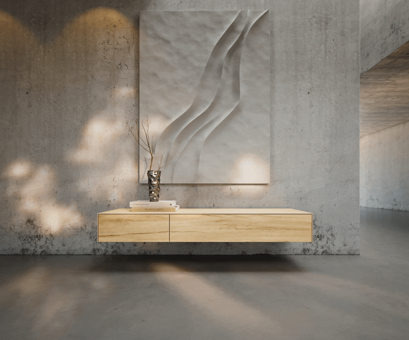 TV stolek Cuor 150 cm keramika Laminam® Sabbia dubová 1 výklopná dvířka 1 zásuvka závěsný - Obrázek 2