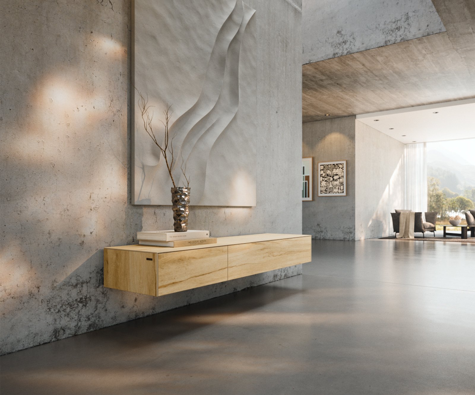 TV stolek Cuor 150 cm keramika Laminam® Sabbia dubová 1 výklopná dvířka 1 zásuvka závěsný