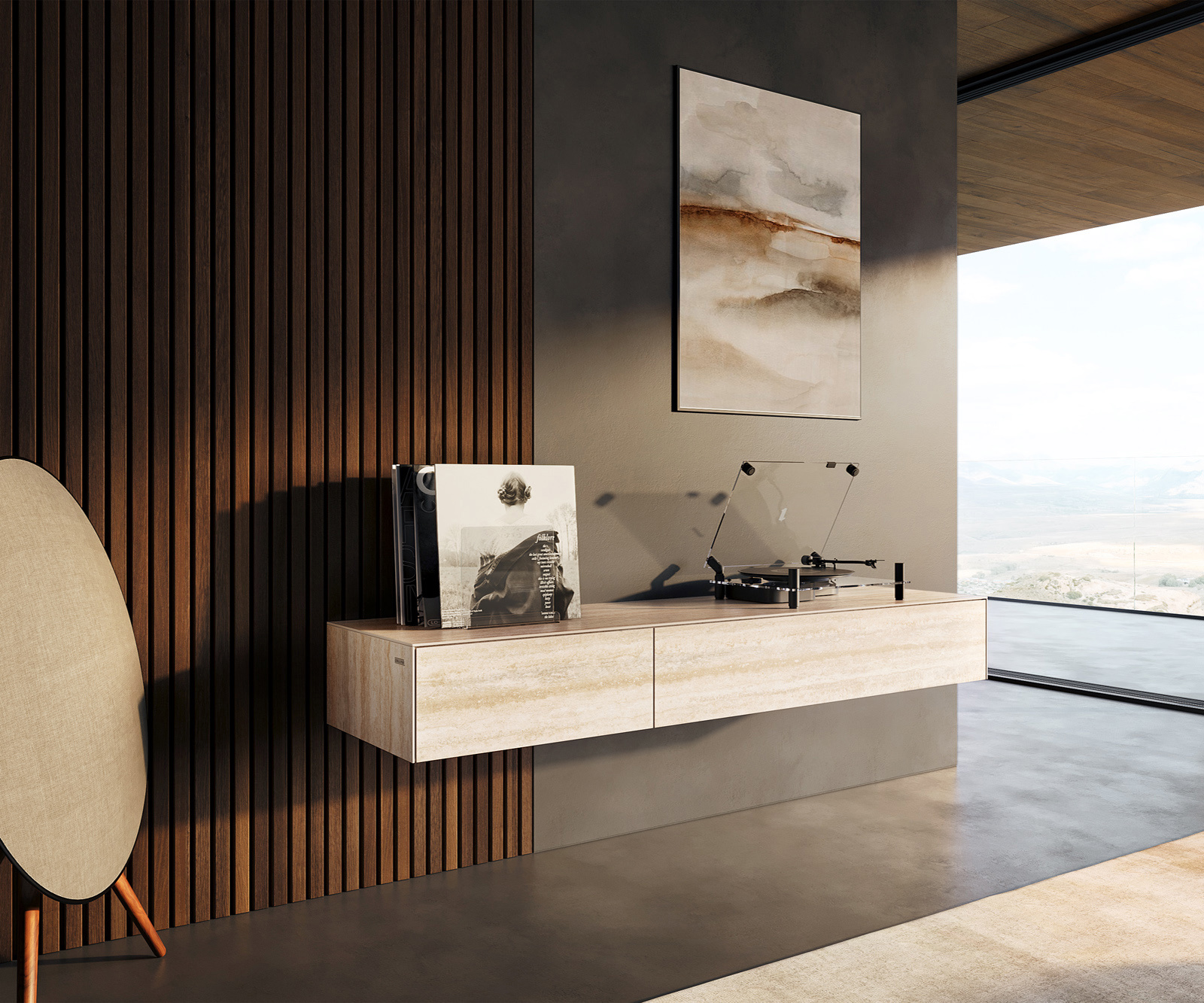 TV stolek Cuor 150 cm keramika Laminam® Travertino Bianco krémově bílá 1 výklopná dvířka 1 zásuvka závěsný