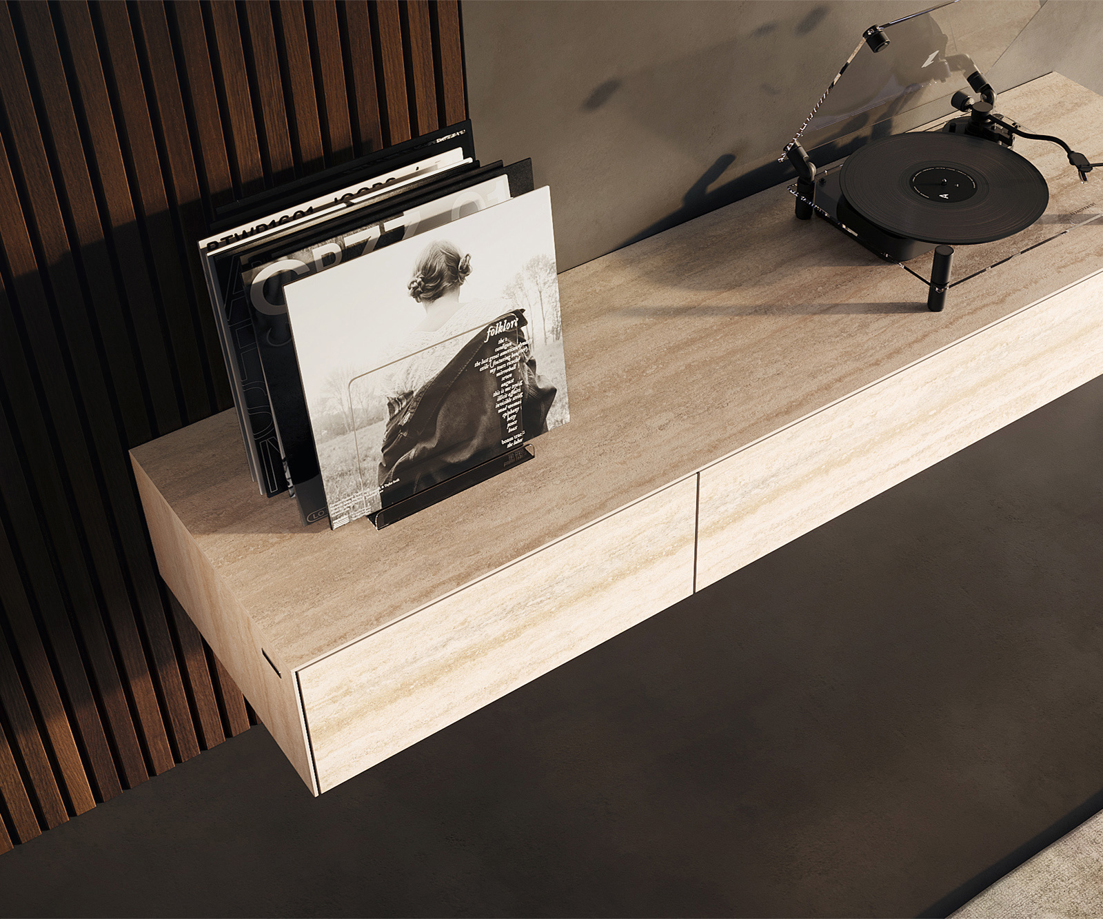 TV stolek Cuor 150 cm keramika Laminam® Travertino Bianco krémově bílá 1 výklopná dvířka 1 zásuvka závěsný - Obrázek 4