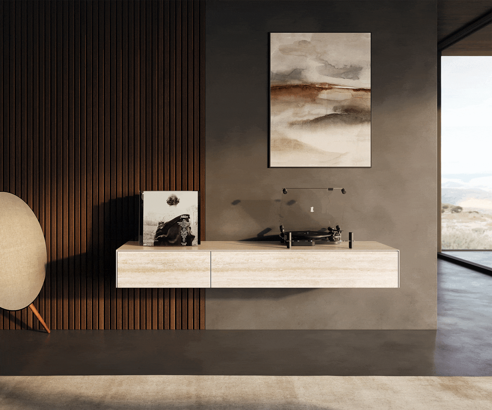 TV stolek Cuor 150 cm keramika Laminam® Travertino Bianco krémově bílá 1 výklopná dvířka 1 zásuvka závěsný - Obrázek 2