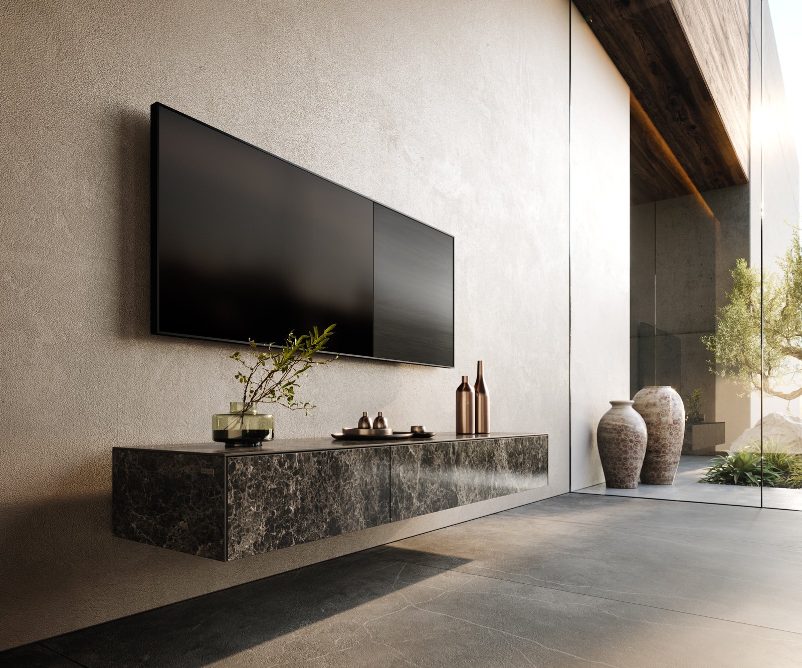 TV stolek Cuor 150 cm keramika Laminam® Emperador Extra Lucidato tmavě hnědá 1 výklopná dvířka 1 zásuvka závěsný