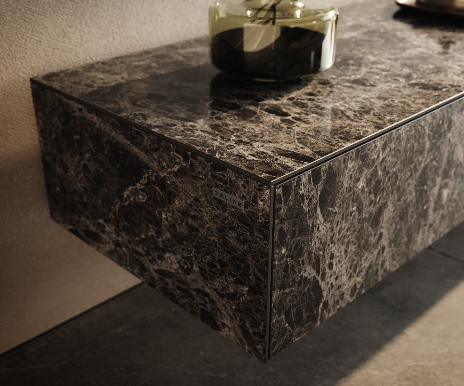 TV stolek Cuor 150 cm keramika Laminam® Emperador Extra Lucidato tmavě hnědá 1 výklopná dvířka 1 zásuvka závěsný - Obrázek 6