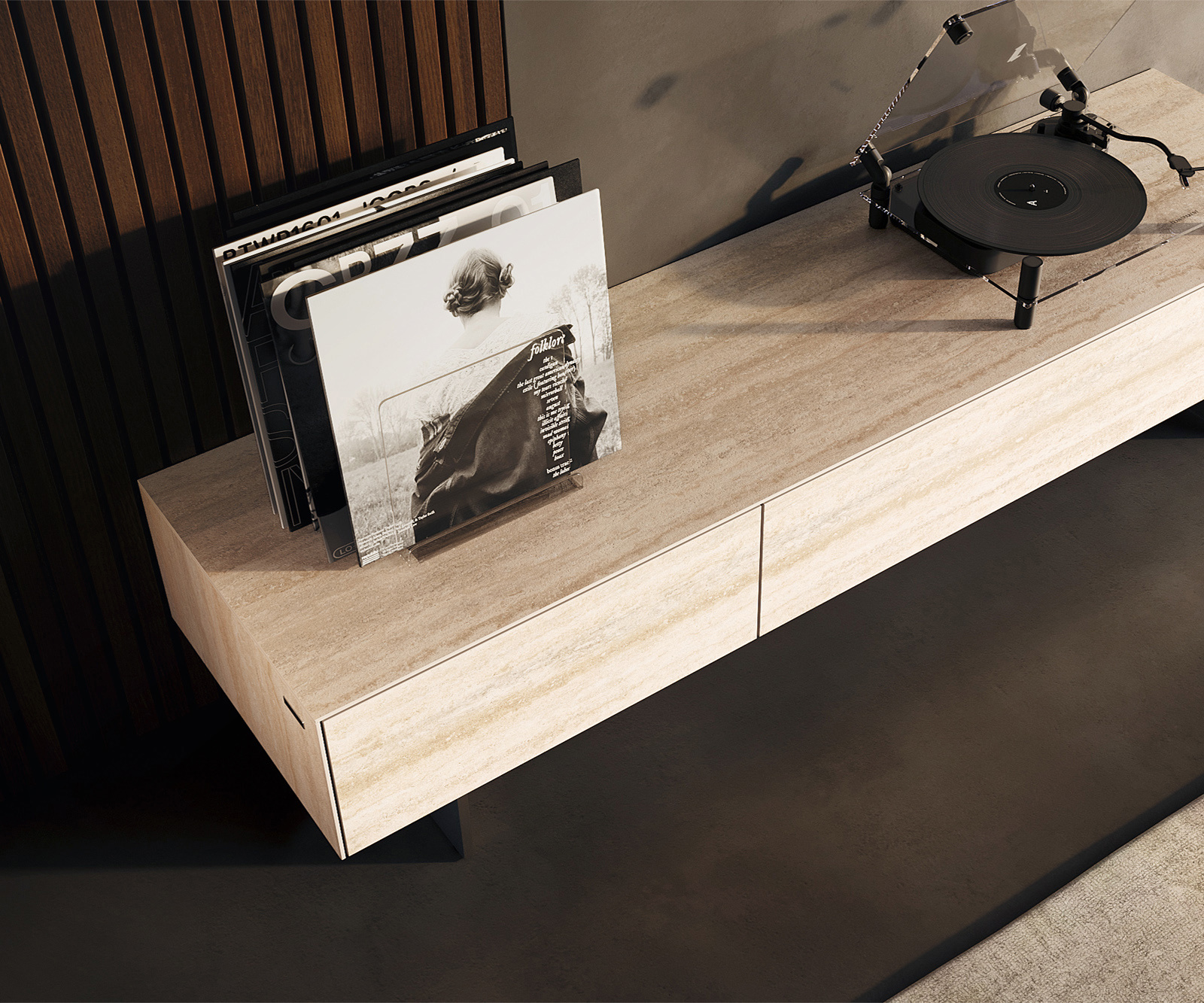 TV stolek Cuor 150 cm keramika Laminam® Travertino Bianco krémově bílá 1 výklopná dvířka 1 zásuvka podnož závěsná nerezová ocel - Obrázek 4