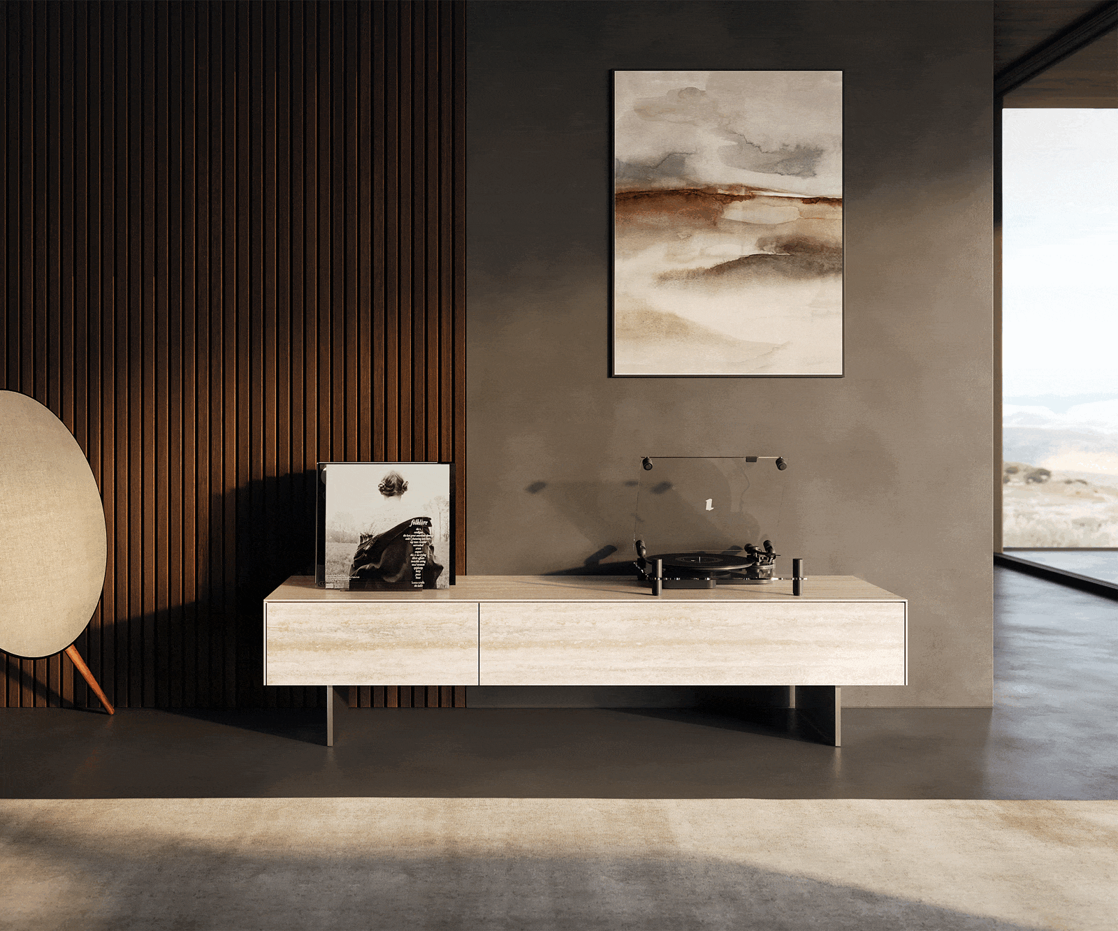 TV stolek Cuor 150 cm keramika Laminam® Travertino Bianco krémově bílá 1 výklopná dvířka 1 zásuvka podnož závěsná nerezová ocel - Obrázek 2