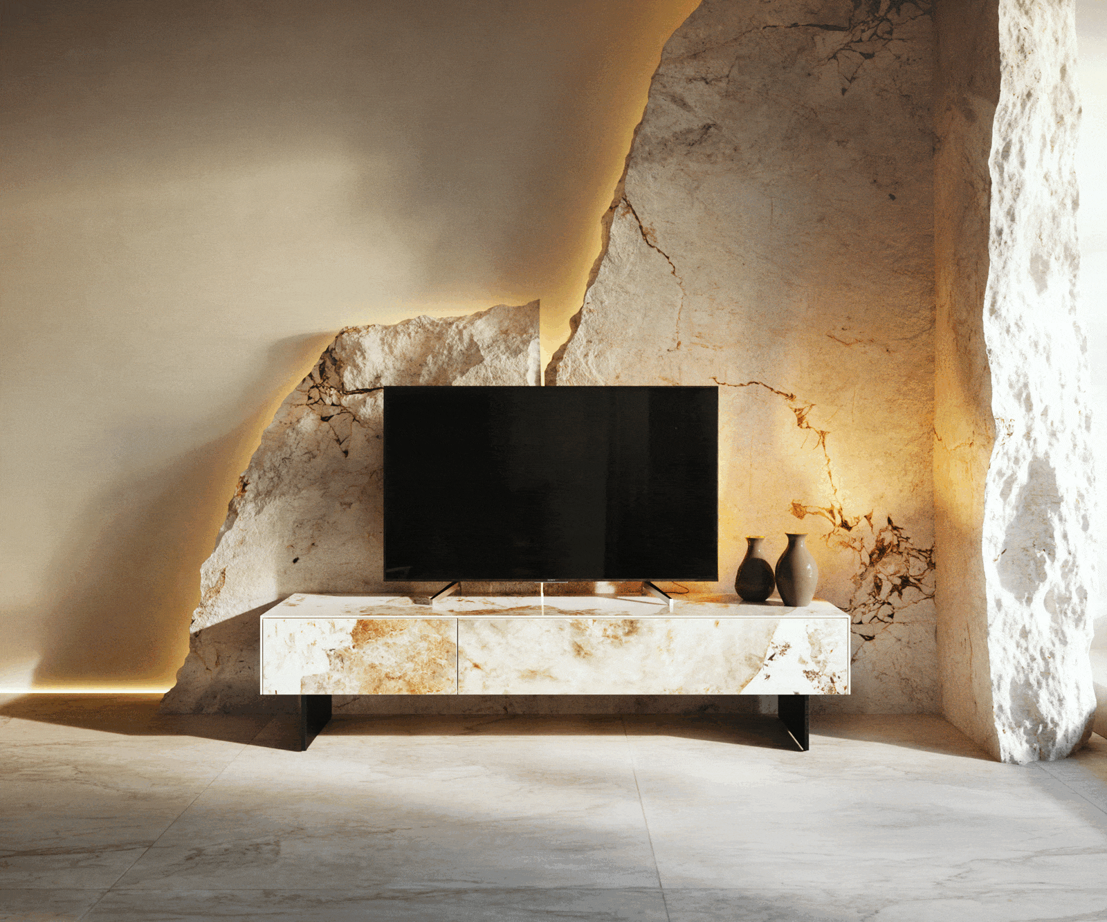 TV stolek Cuor 150 cm keramika Minas Melange bílá béžová 1 výklopná dvířka 1 zásuvka podnož závěsná kov černá - Obrázek 6